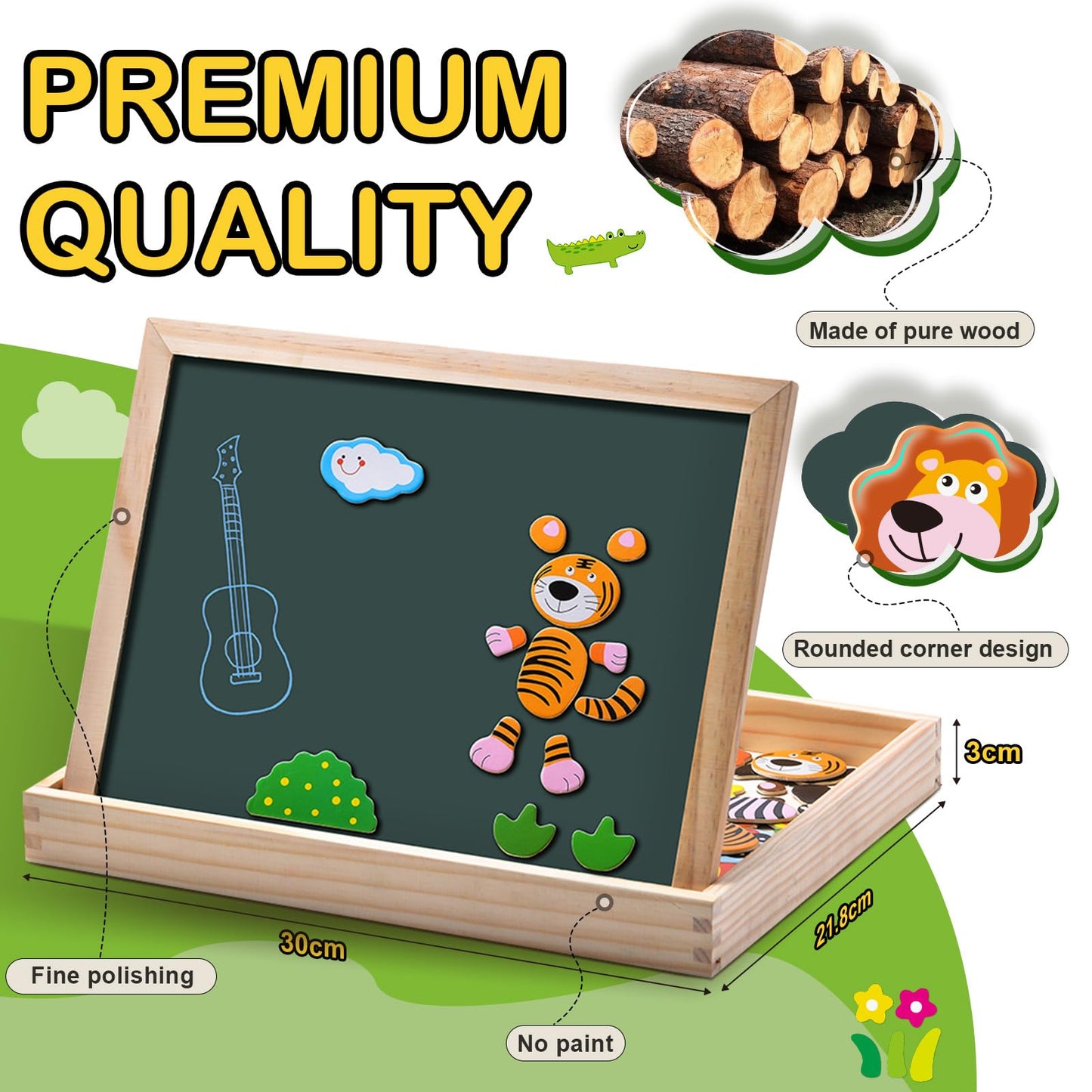 Uping Magnetic Wooden Puzzle 100 Pieces, Double-Sided Magnetic Board, Drawing Board Colored Pencils Chalks, Forest and Animal Puzzles Toy for Ages 3+