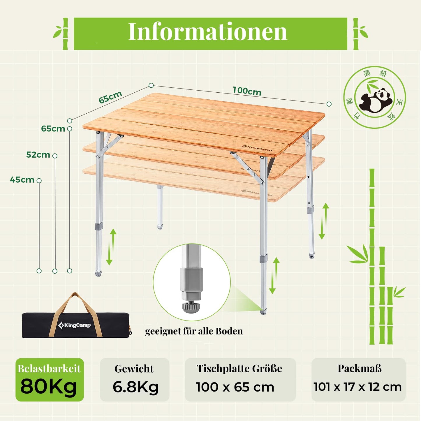 KingCamp camping table bamboo folding table adjustable height for 4-6 people foldable camping table, 4 folds with carrying bag, supports up to 80 kg, 100 x 65 cm, L