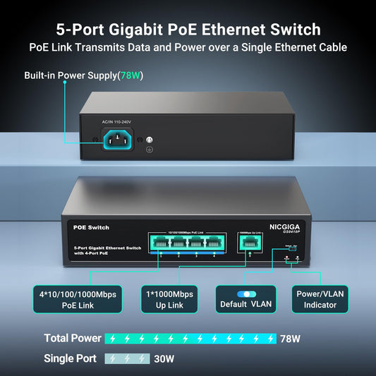 4-Port Gigabit PoE Switch Unmanaged with 4 Port IEEE802.3af/at PoE @78W, 1 x 1000Mbps Uplink, NICGIGA 5-Port Network Power Over Ethernet Switch, VLAN Mode, Desktop/Wall Mount.