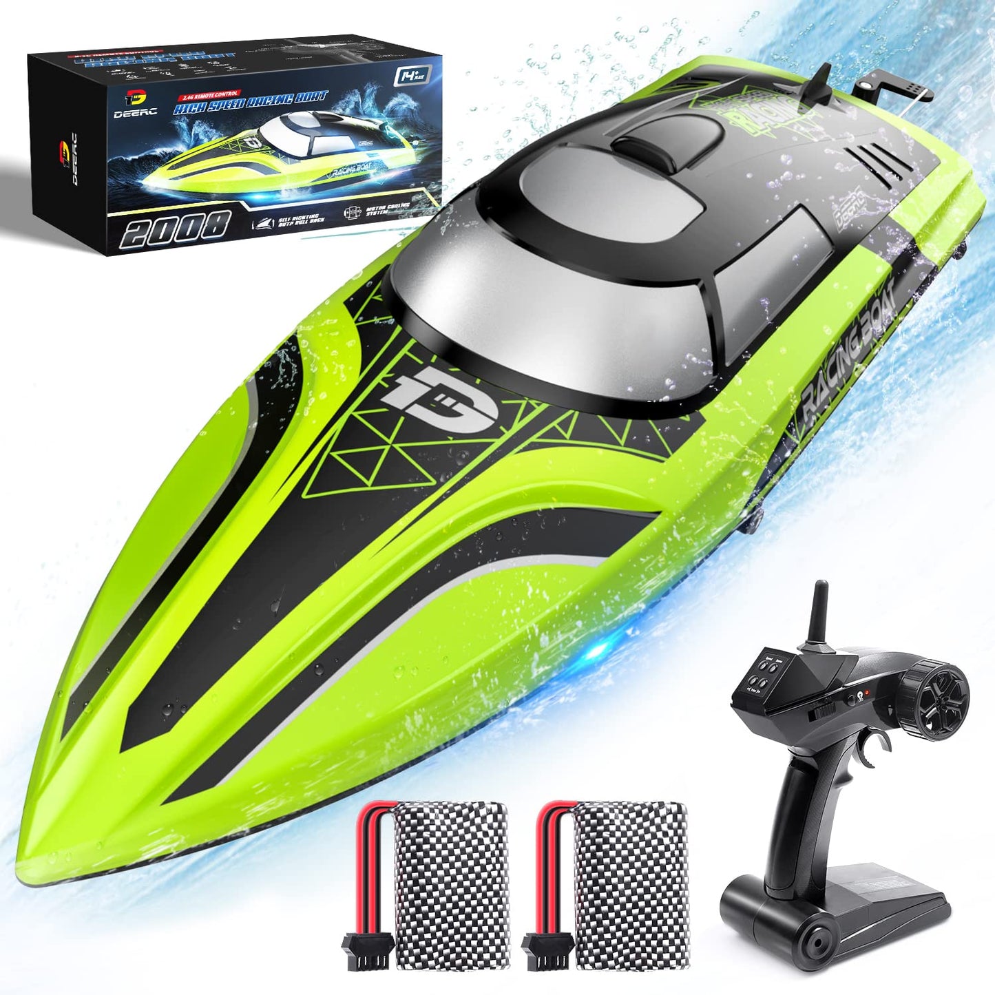 DEERC RC boat with LED light, remote controlled, for pools and lakes, 20+ km/h, 2.4GHz racing boats with 2 batteries, pool toy for kids, remote controlled watercraft (Green)