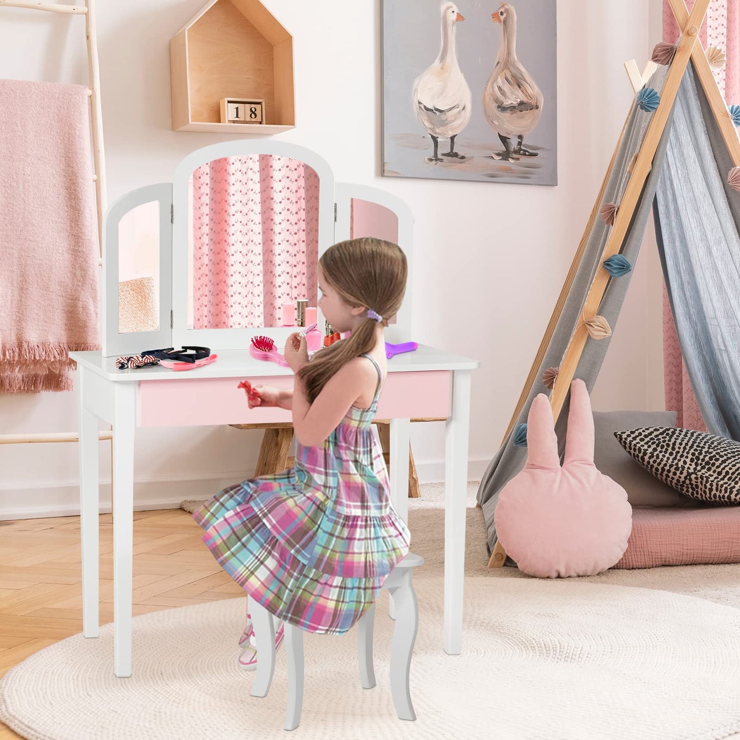 GOPLUS 2 in 1 Kids Vanity Table, Dressing Table & Chair, Makeup Table with Removable 3-Fold Mirror & Drawer, Padded Stool, made of wood, in country style, Children's Vanity Table for Girls (White)