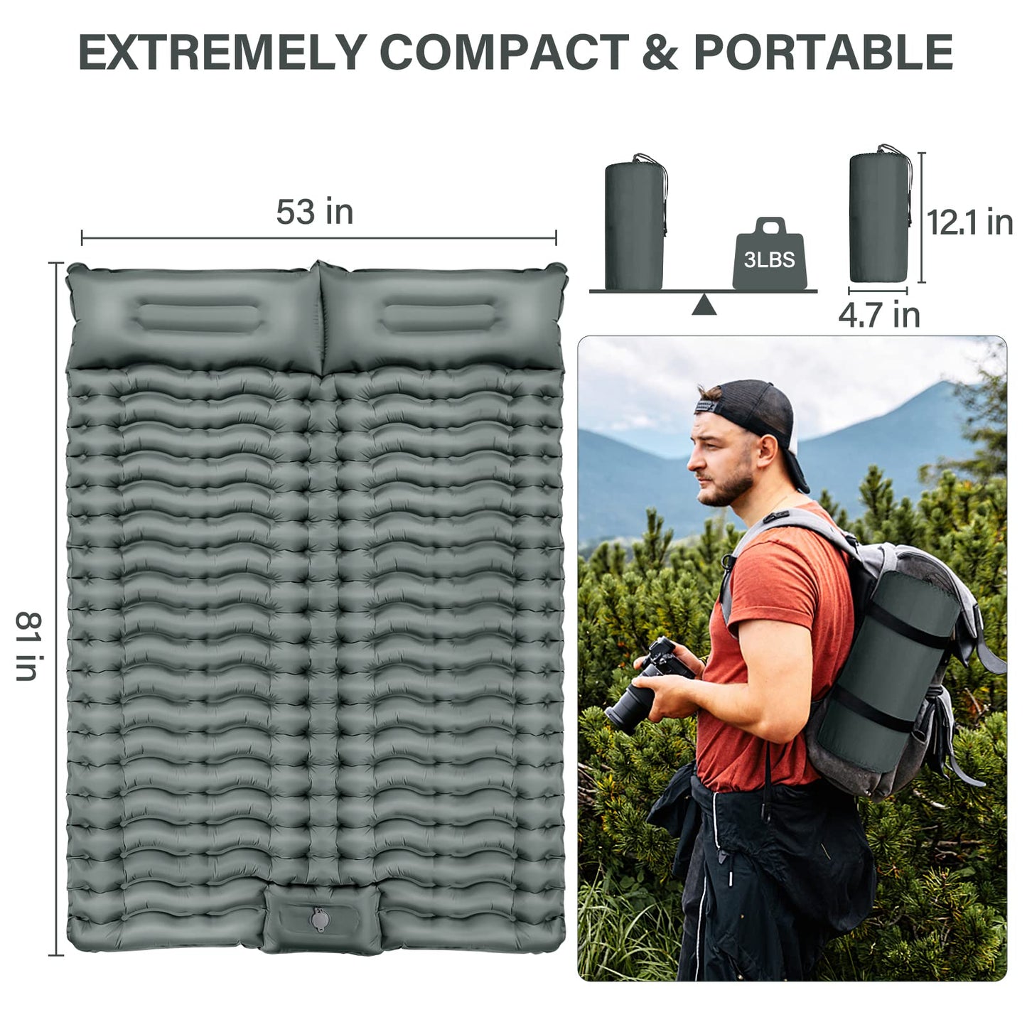 Yuzonc Double Camping Mattress, Self-Inflating Camping Pad with Foot Pump, Ultralight Thickened Sleeping Mat for Hiking Travel Backpacking Tent (Gray)