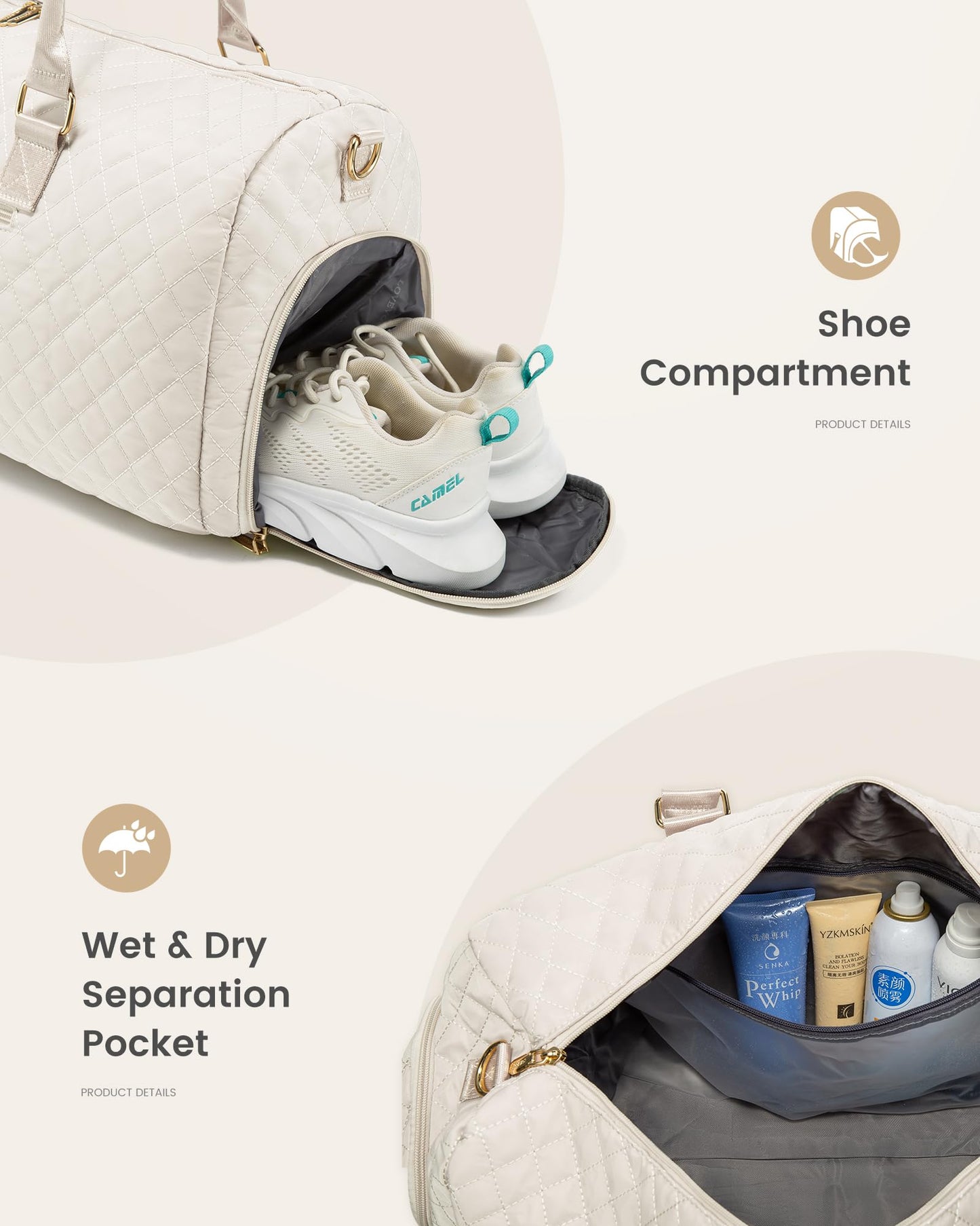 LOVEVOOK Travel Bag for Women, Weekender Sport Bag with Hospital Bag for Birth, Toiletry Bag, Shoe Compartment & Wet Pocket, Waterproof Gym Bag, Carry-on Bag for Airplane Travel, Beige
