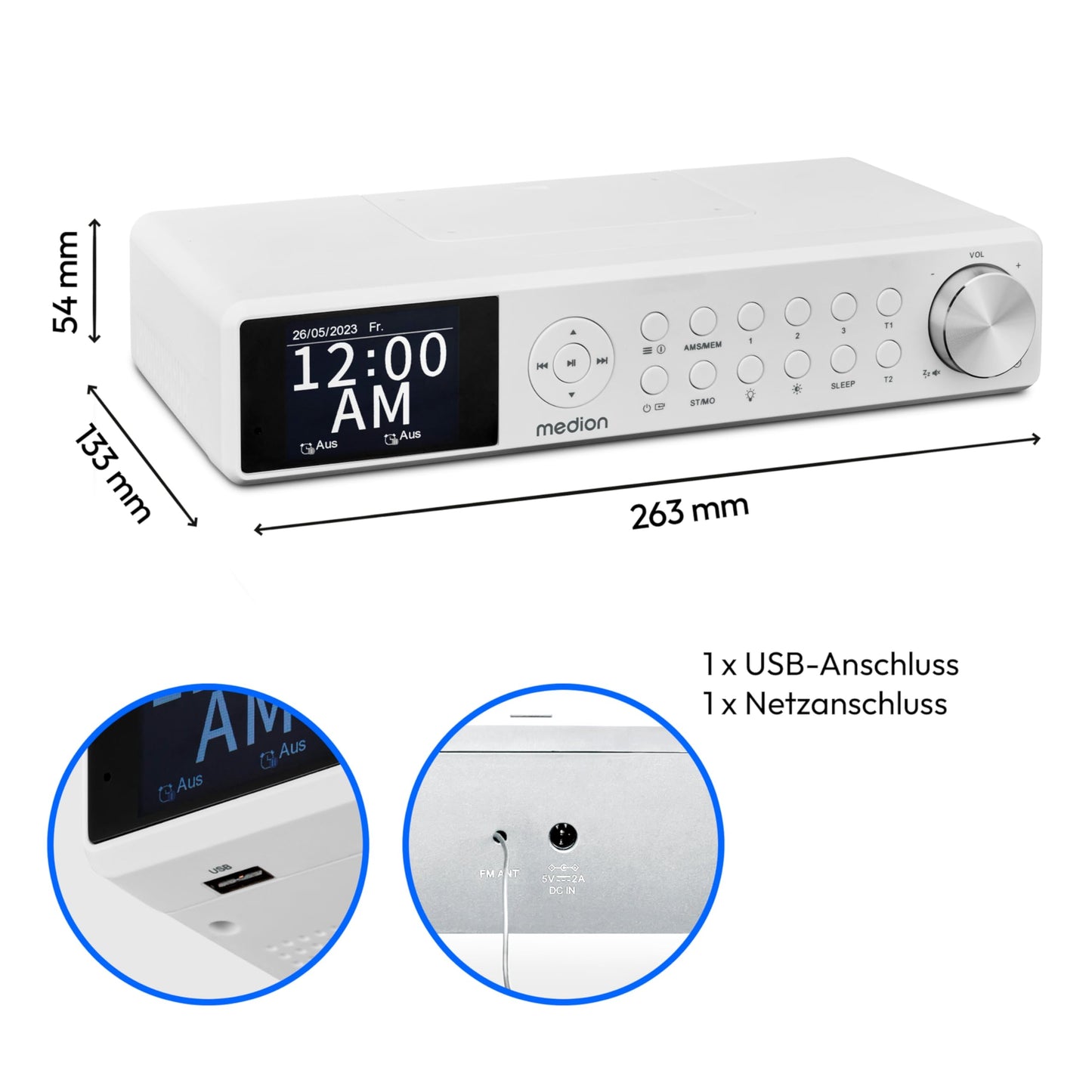 MEDION P66750 Kitchen under-cabinet radio (DAB+ kitchen radio, PLL FM radio, dimmable TFT color display, cooking timer, Bluetooth, LED strip, including mounting material) white