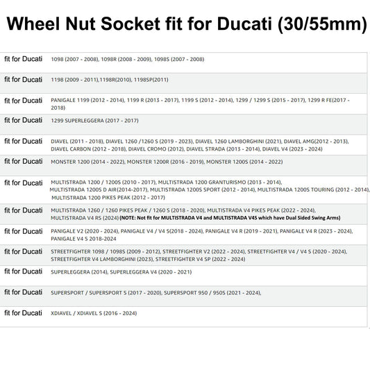 Use nut for Ducati motorcycle front + rear axle nut, axle tool, fits Ducati, ATVs, Superbike 1098, 1198, 1199, Panigale Multistrada Diavel, SW 55mm and 30mm.