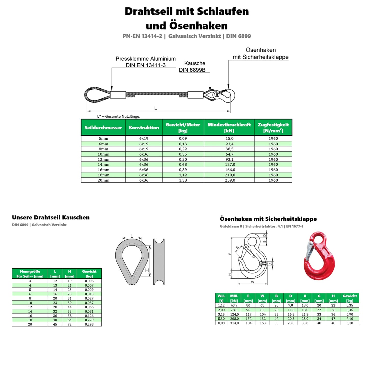 ALFA LOGISTICS Fall rope 8mm diameter 8m length with hook and eye - Wire rope with hook - Steel rope with eyes and hooks - Reliable forestry rope