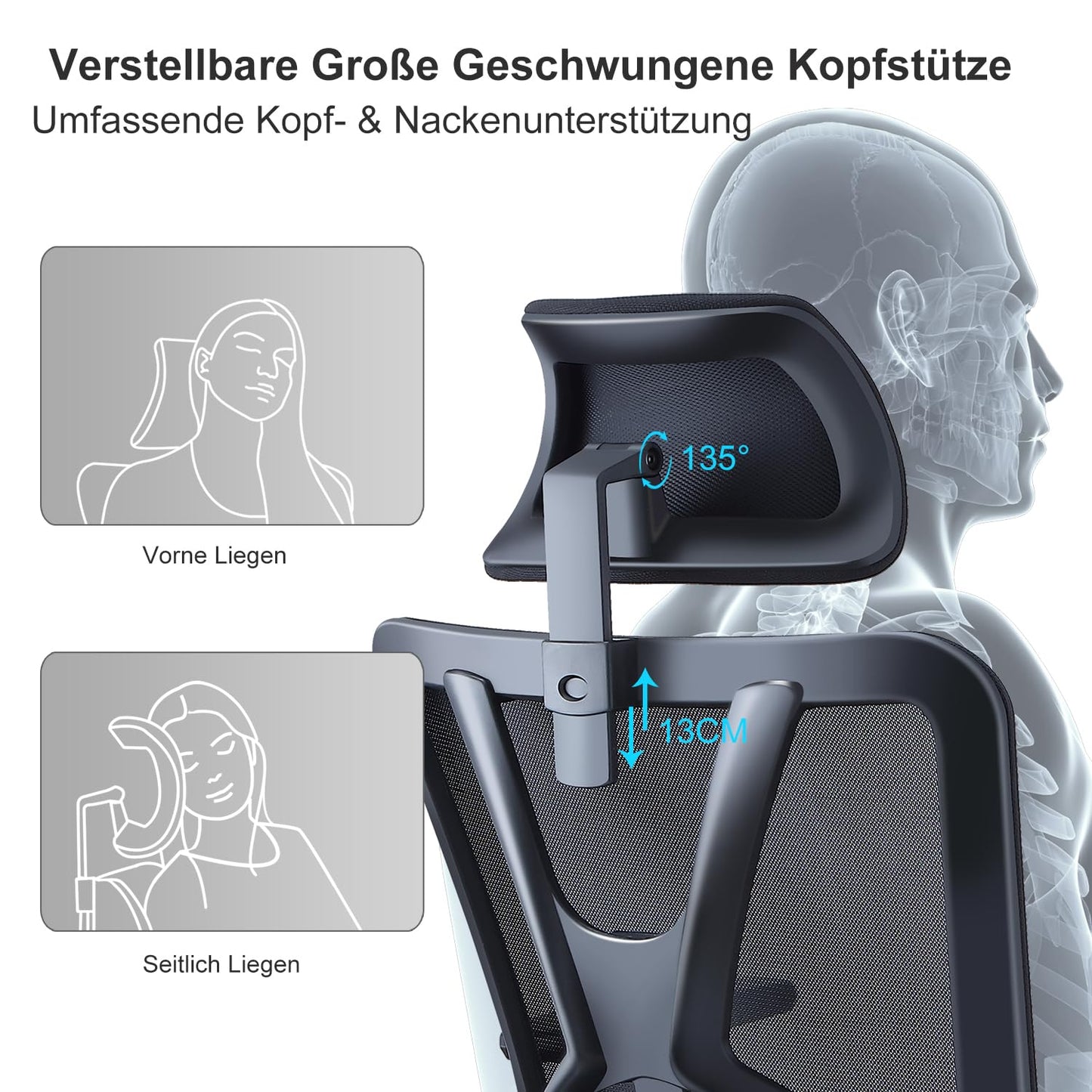 Ticova Office Chair, Ergonomic Desk Chair, High Back Ergonomic Chair with Adjustable Lumbar Support, Headrest & 3D Armrest - 130° Swivel Computer Chair.