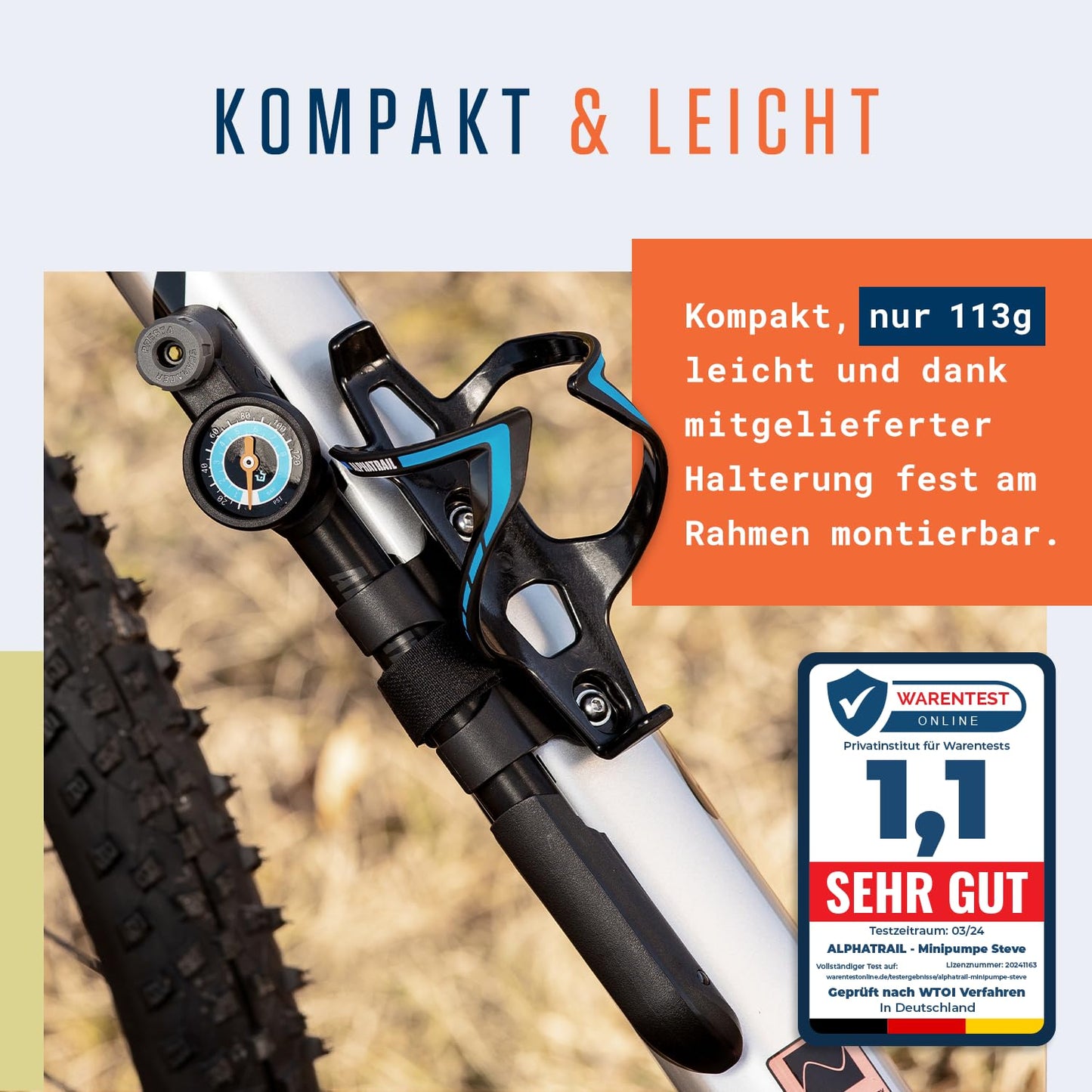 Alphatrail Minipump Steve - Suitable for all valves 8.3 Bar / 120 PSI max pressure I Large round gauge (Ø32mm) I Ergonomic T-handle I Pump for French, Schrader & Dunlop valves