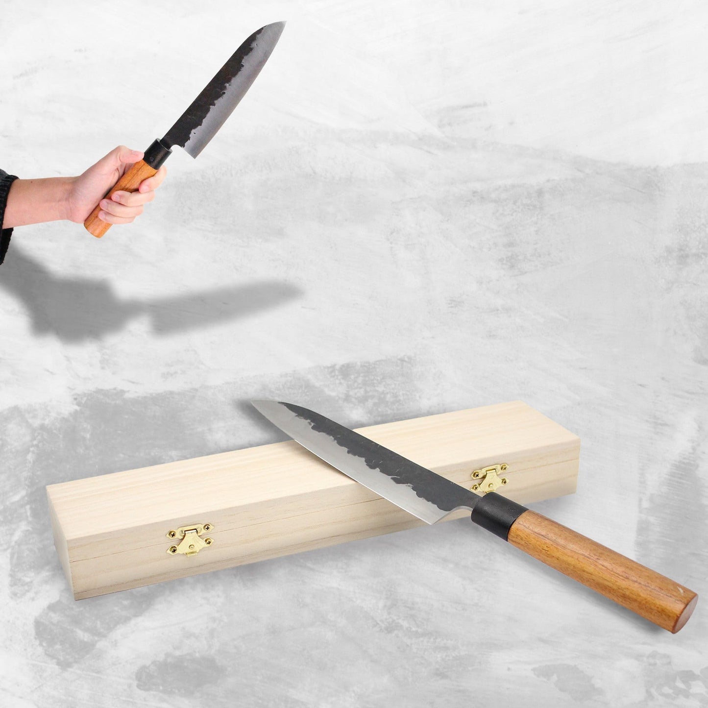 Fishtec Chef Kitchen Knife 18 cm - Japanese knife with hammered steel blade 2.5mm HCR hardness 58 - Professional multipurpose knife - Rosewood handle - Wooden gift box