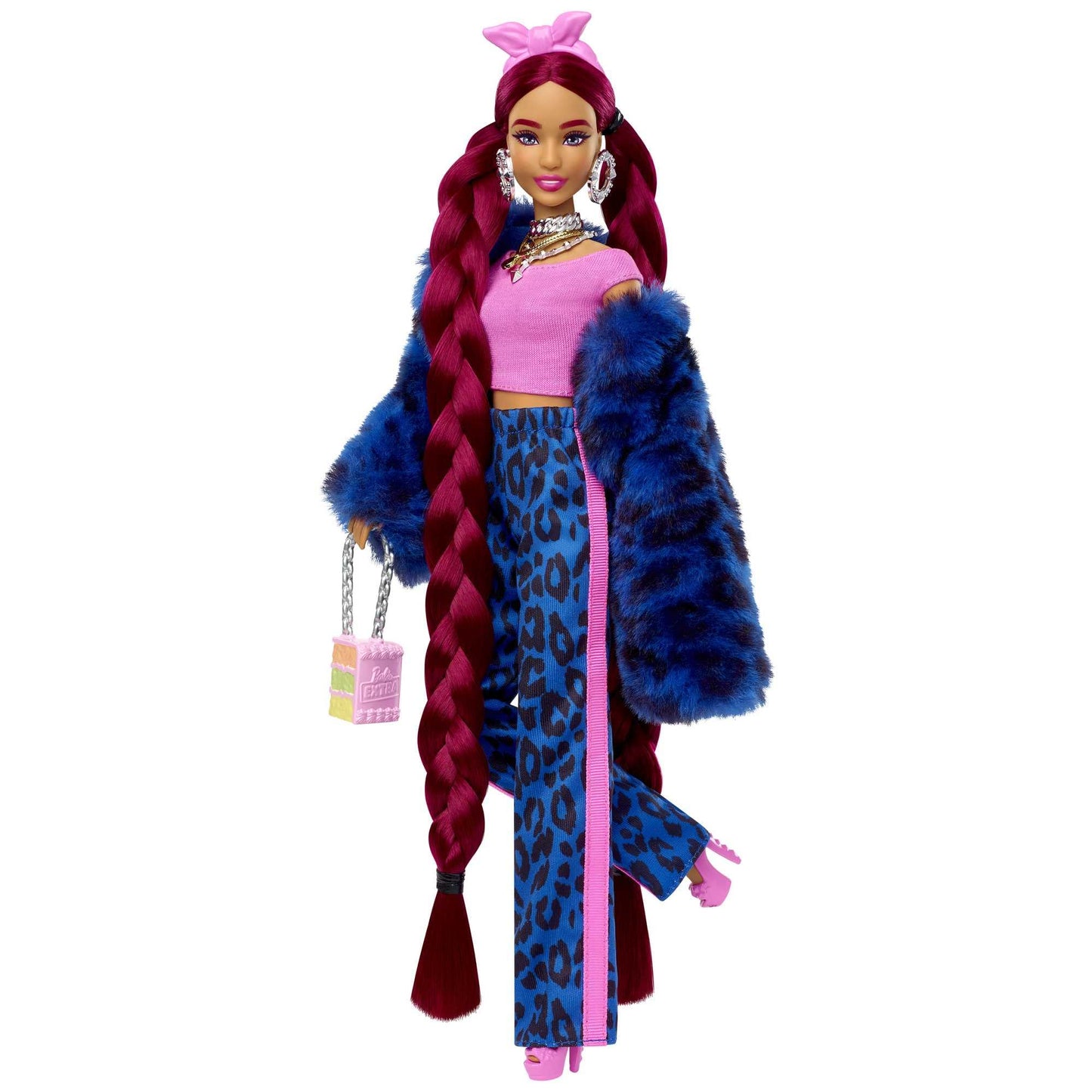 Barbie HHN09 - Extra doll in leopard print pants and fur jacket, with pet puppy, extra long hair and accessories, Flexible joints, Doll toy for children aged 3 and up, Multicolor