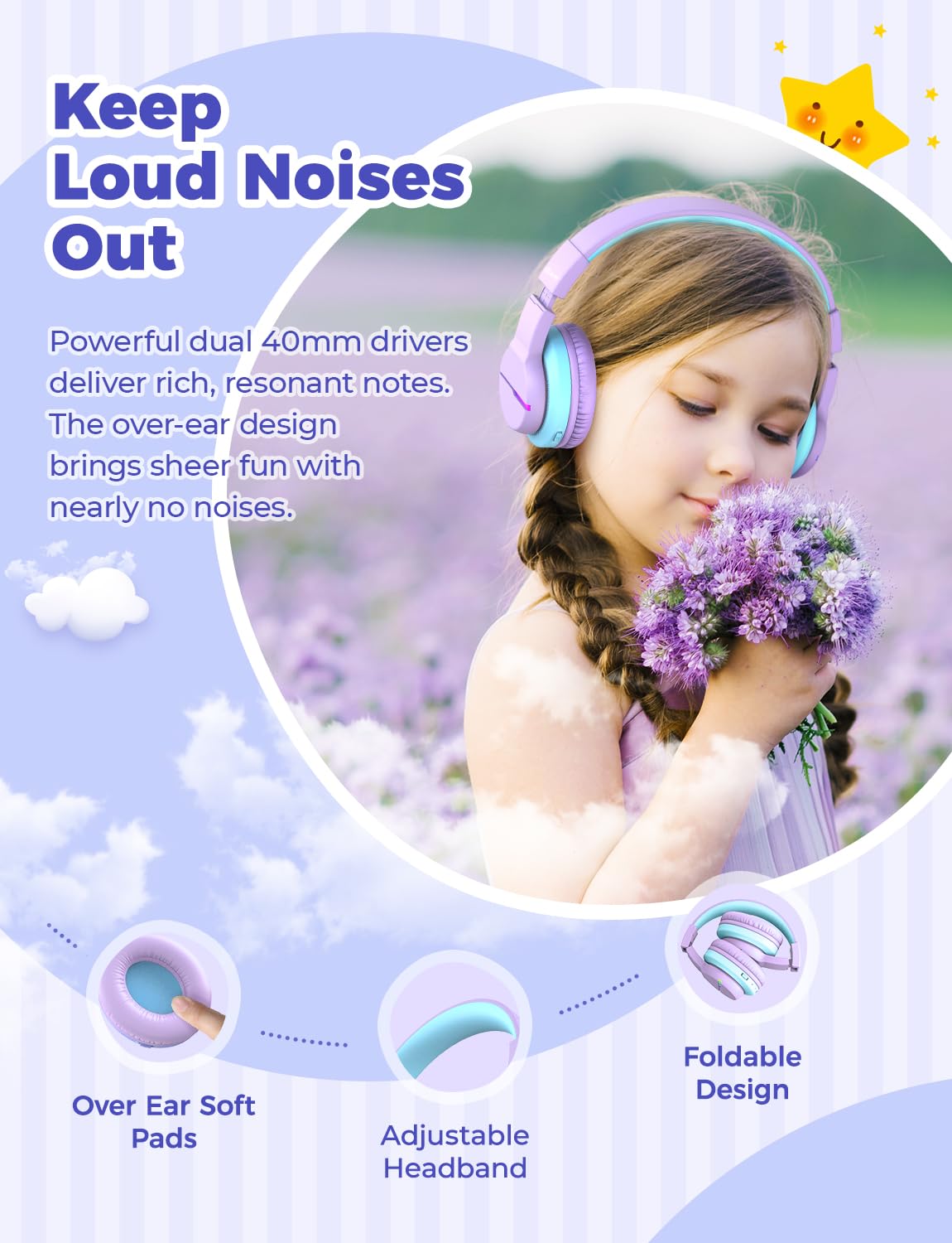 iClever Bluetooth Kids Headphones, Colorful LED Lights, Over-Ear Headphones for Kids with 74/85dBA Volume Limitation, 85 Hours of Playtime, Bluetooth 5.2, Built-in Microphone BTH12