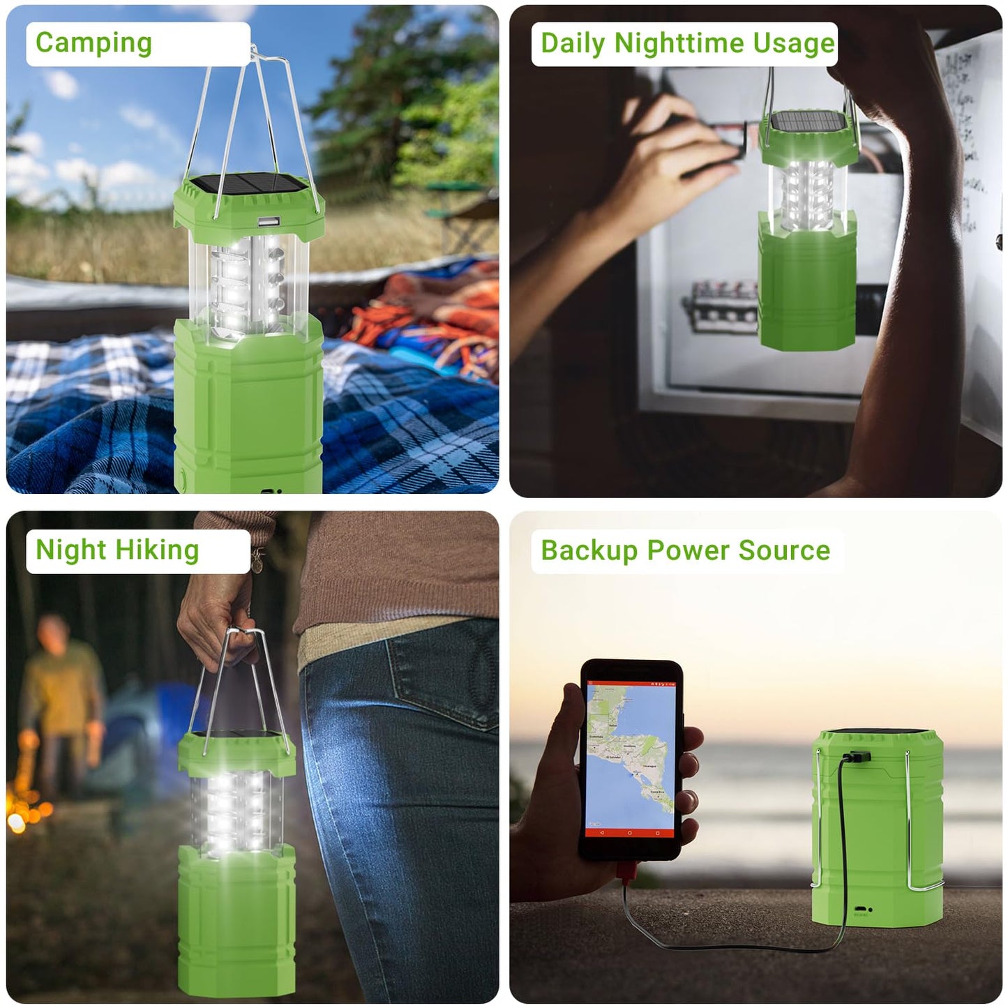 LED Camping Lantern Solar, Waterproof LED Camping Lantern, Emergency Light with Hand Crank, Built-in 3000mAh Battery for Hiking, Fishing, SOS, Power Outages (Green)
