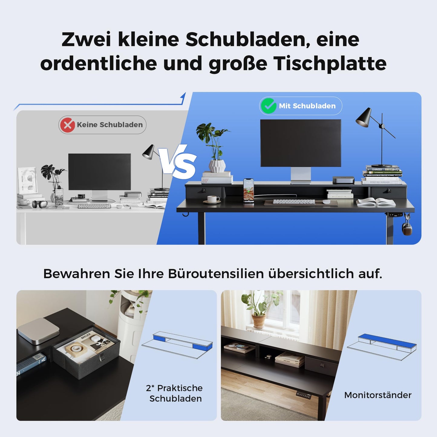 Agilestic height-adjustable desk with 2 drawers, 120 x 60 cm. Stable electrically adjustable desk, ergonomic standing-sitting computer desk, black.
