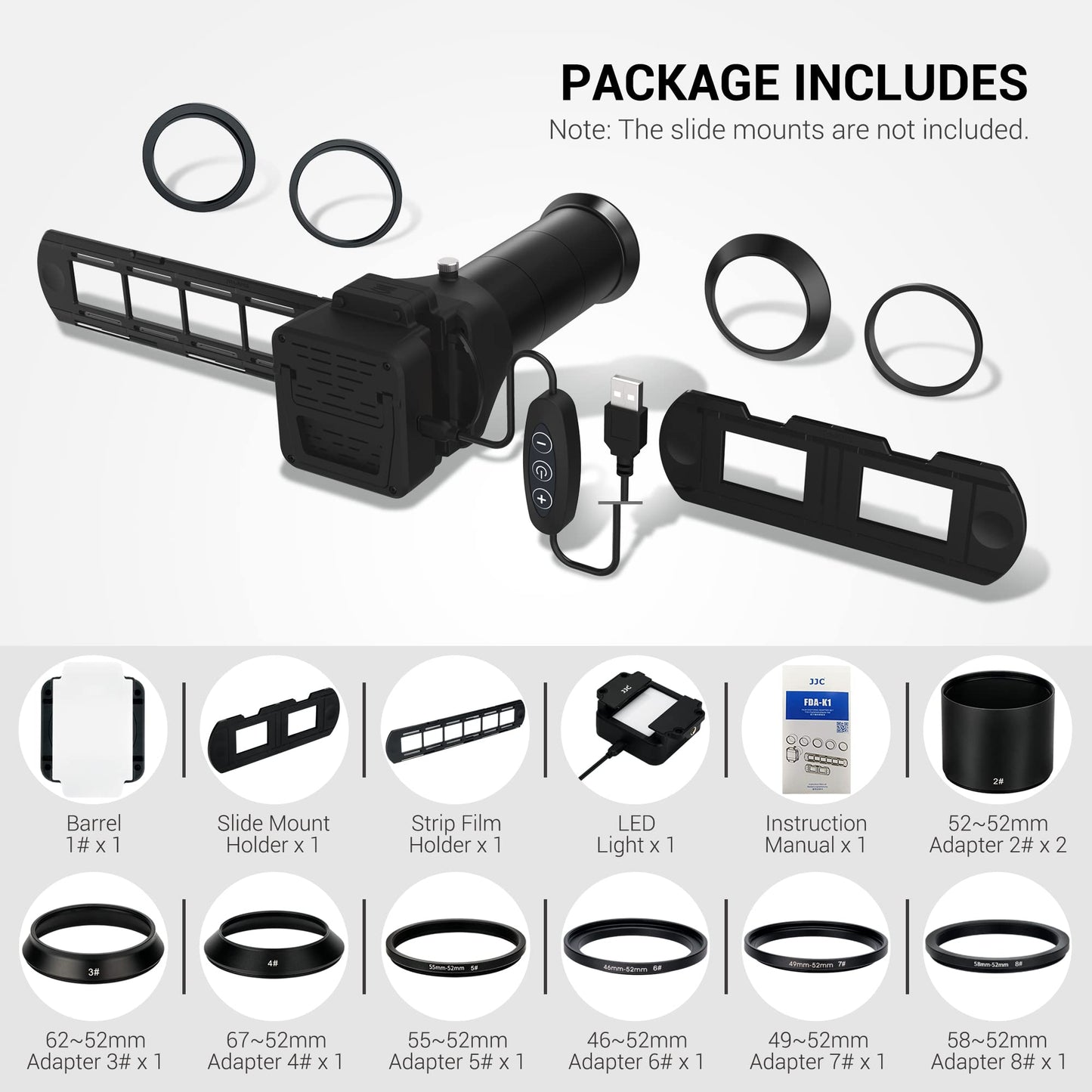 JJC ES-2 film digitization adapter with 6500 K USB LED lighting set, negative film copy scanner. Convert 35mm negatives to digital JPEG.