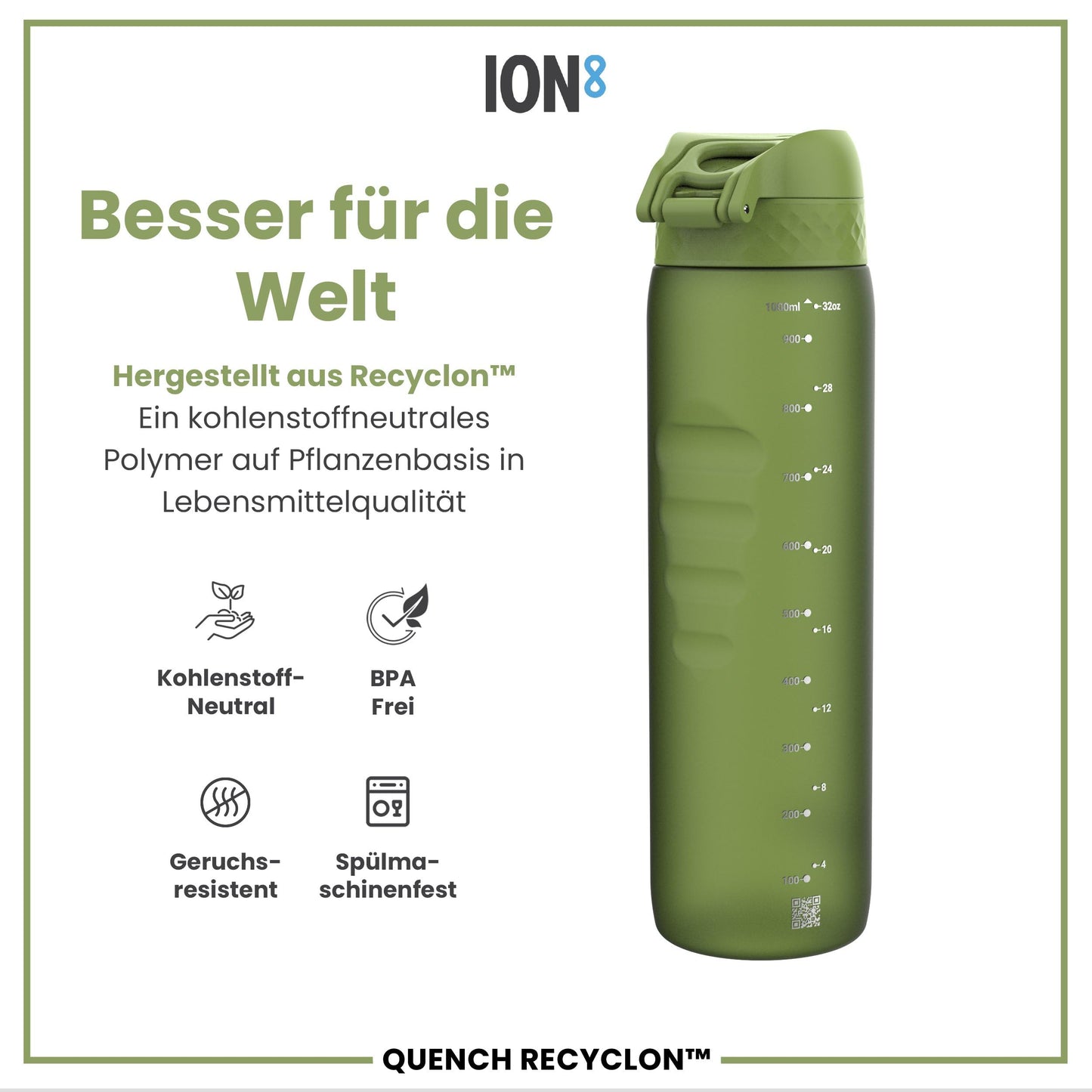 ion8 1 liter water bottle, 1000ml, leak proof, one-handed opening, secure locking, dishwasher safe, BPA-free, carrying handle, easy to clean, perfect for sports and gym, khaki green