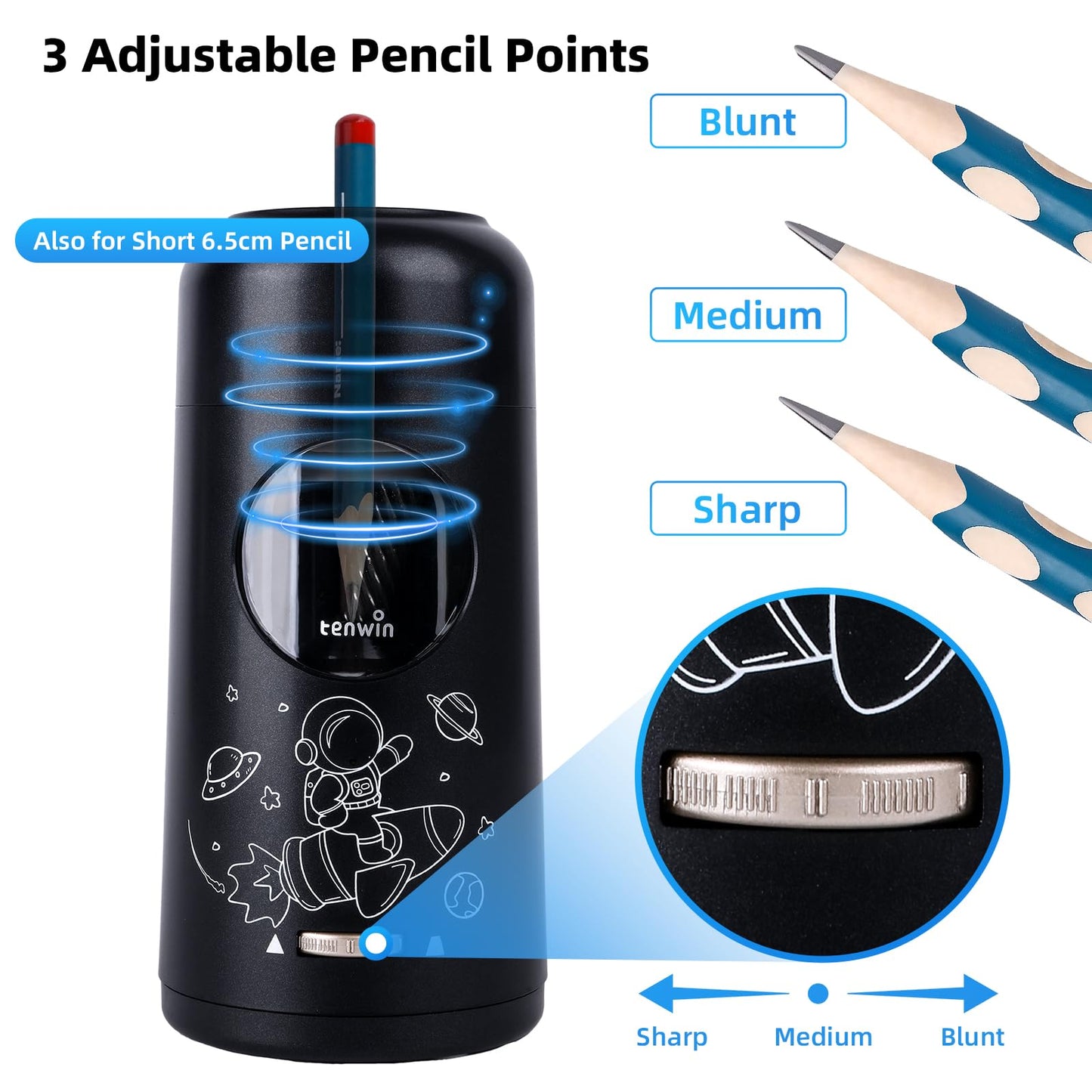 Tenwin Fully Automatic Electric Pencil Sharpener, rechargeable pencil sharpener with container for colored pencils from 7-11.5 mm, portable and safe for home, office, school (Black)
