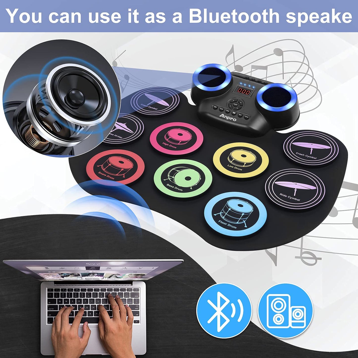 Anpro Nine-Sided Electronic Color Drum Kit, 8PCS Drum Practice Set, portable electric drum, built-in audio with headphone jack, LED color screen, Best Birthday Gift