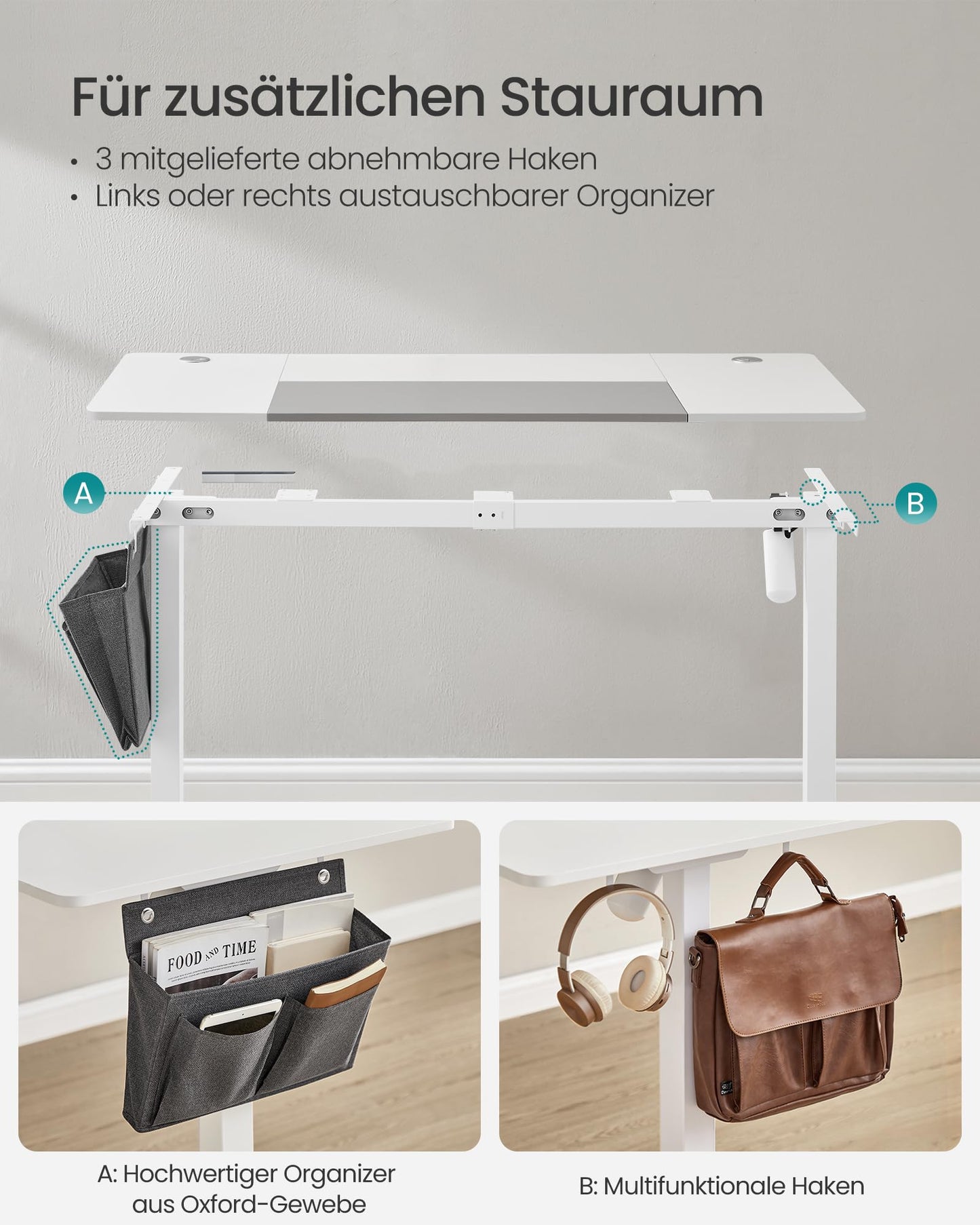 SONGMICS Electric Height Adjustable Desk, 120 x 60 cm, continuously adjustable, Memory Function with 4 heights, cloud white-dove gray LSD015W02