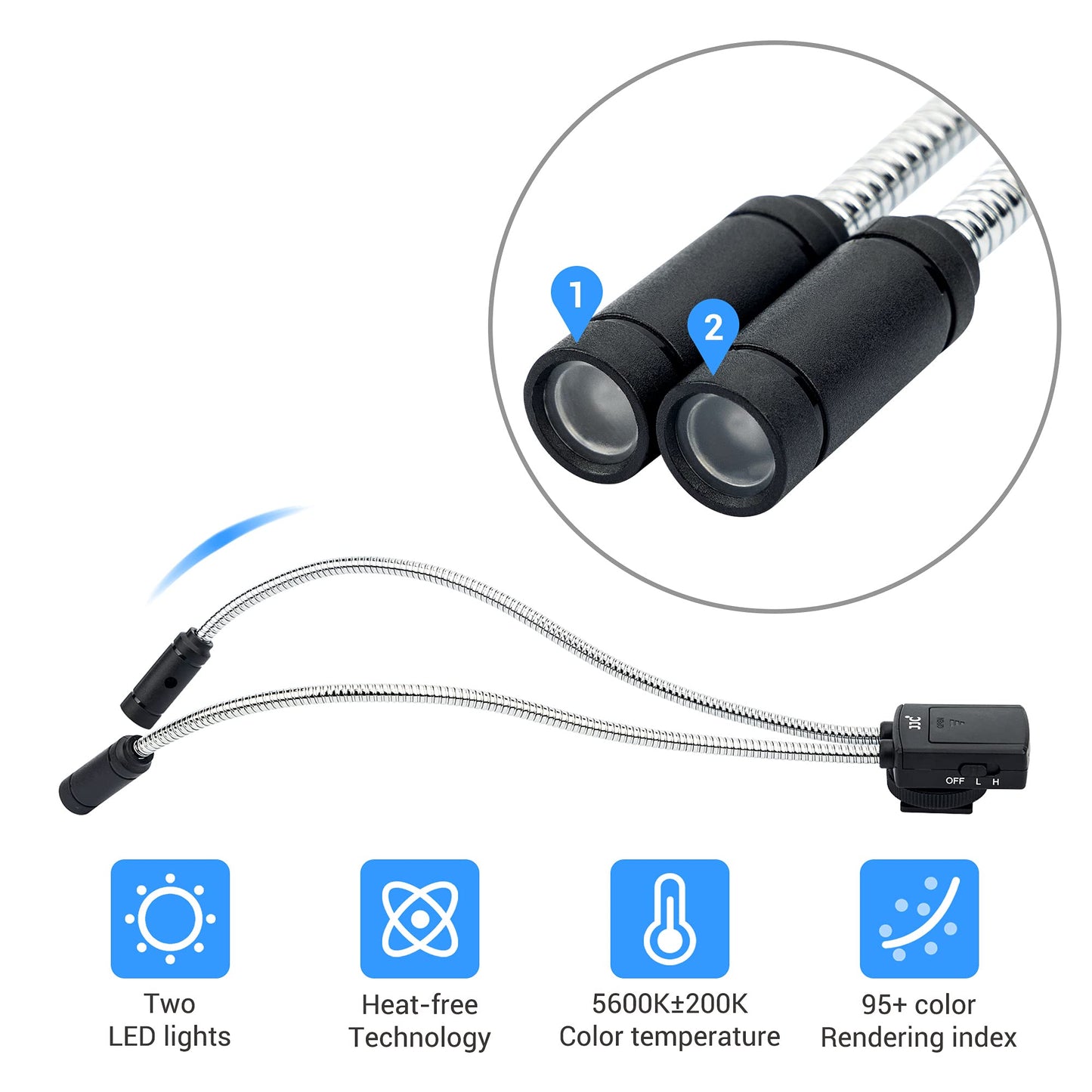 JJC Macro Arm Light, 5600K Flexible Macro LED Lamp for Nikon Canon Sony DSLR Camera, 5 Level Adjustable Lighting Brightness Hot Shoe Mount Flash Fits Shooting Insects/Plants/Jewelry and more.