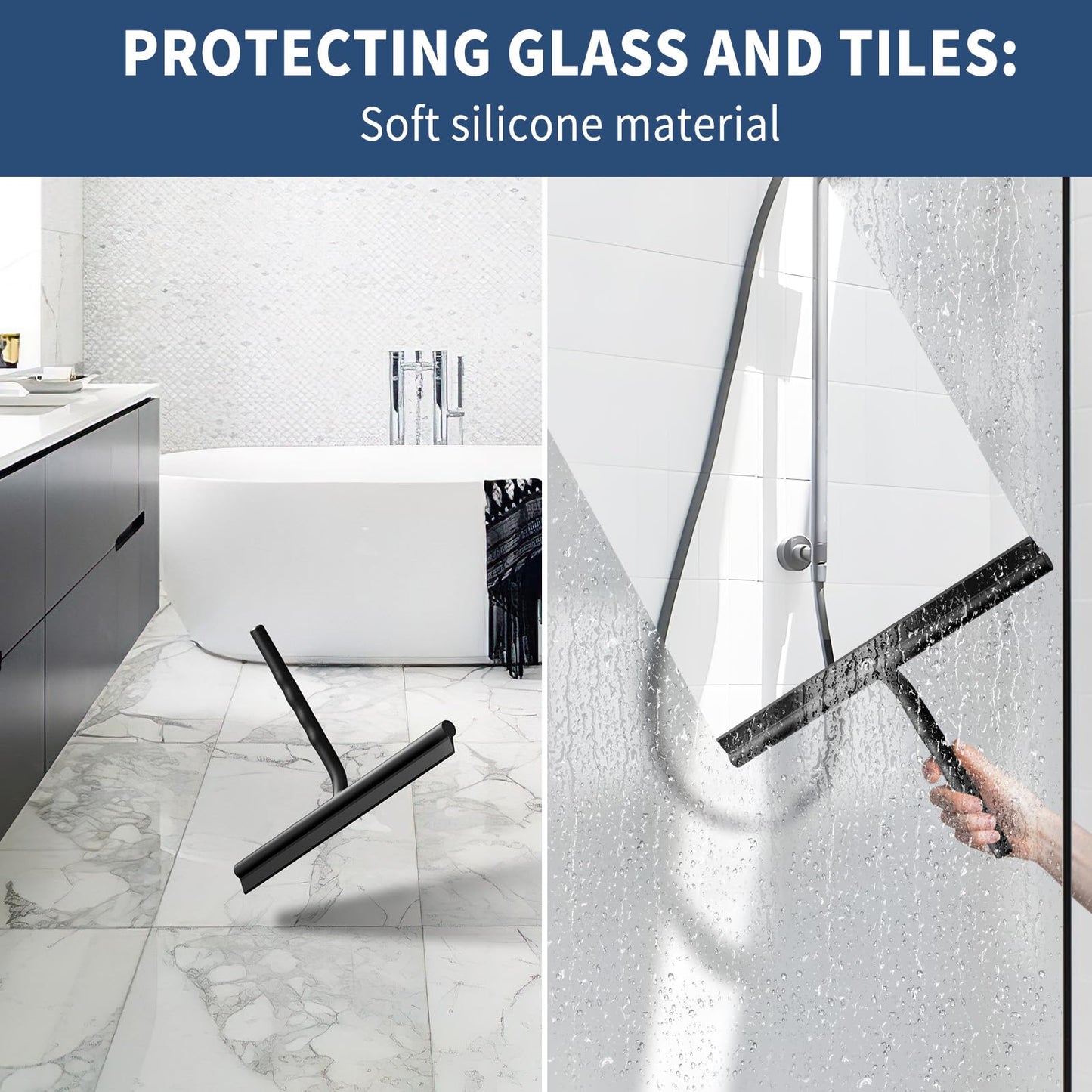 Ecooe silicone shower squeegee 33cm black, squeegee shower with holder, no drilling shower squeegee, window squeegee with stainless steel core, bathroom wiper for glass, mirrors, windows, tiles.