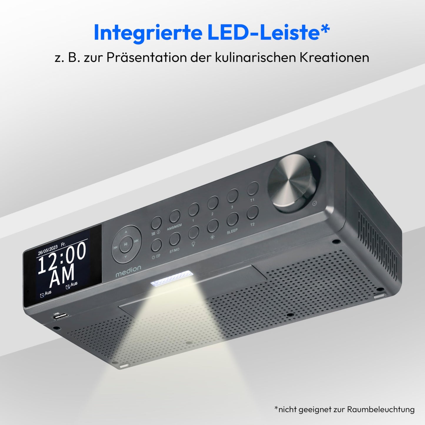 MEDION P66750 Kitchen Under-Cabinet Radio (DAB+ kitchen radio, PLL FM radio, dimmable TFT color display, cooking timer, Bluetooth, LED strip, including mounting material) gray