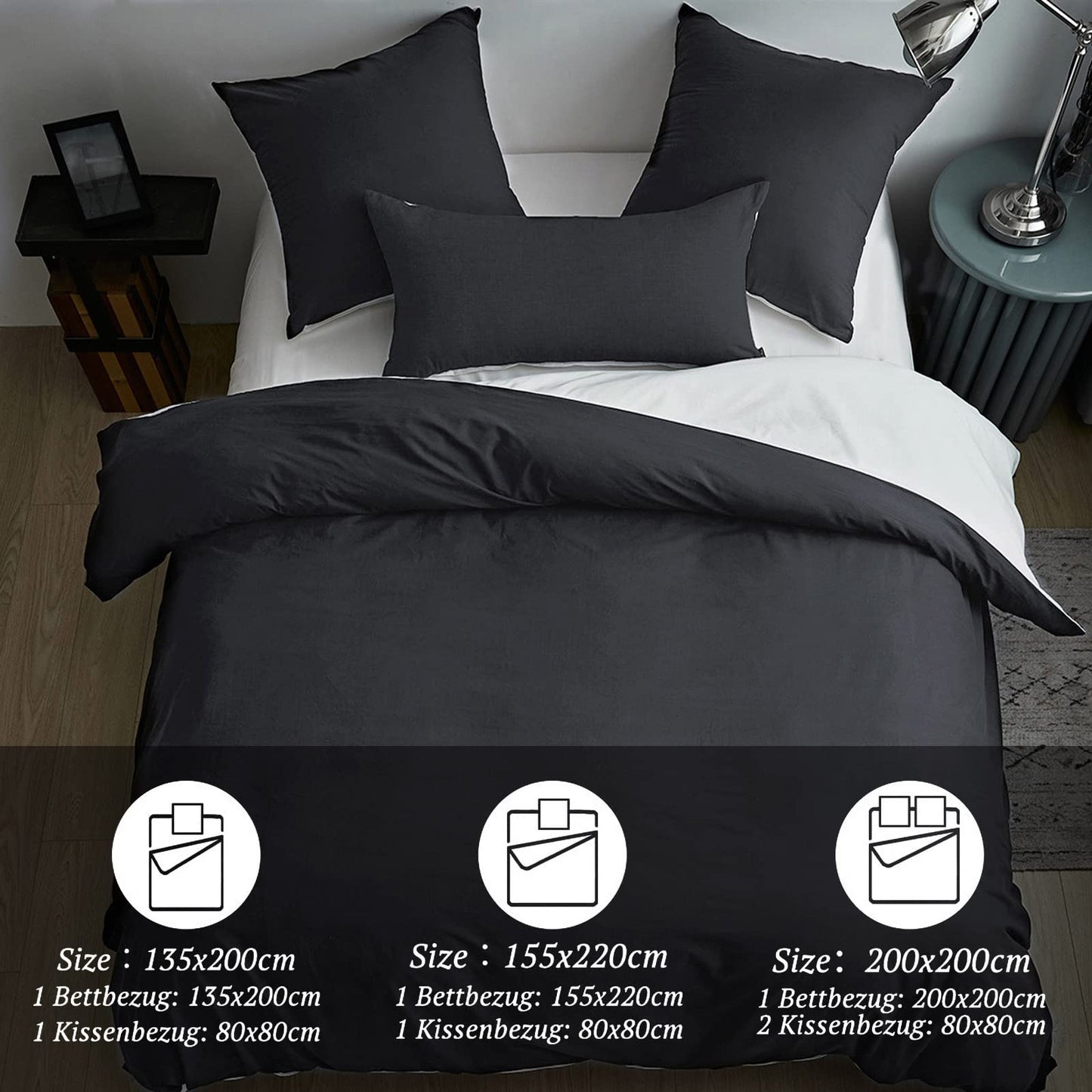 MILDLY bedding set 135x200 cotton anthracite, bedding sets 100% washed cotton with linen-like feel, OekoTex certified & suitable for allergy sufferers, 1 duvet cover & 1 pillow case 80x80.