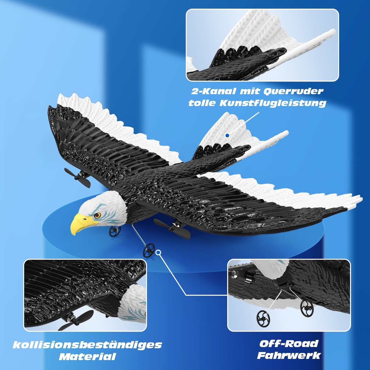 DEERC FX651 RC airplane, remote controlled eagle airplane for beginners, RC eagle outdoor with 6-axis gyro stabilizer, 2.4 GHz 2Ch flying bird with 2 flight batteries and propeller, for kids, boys