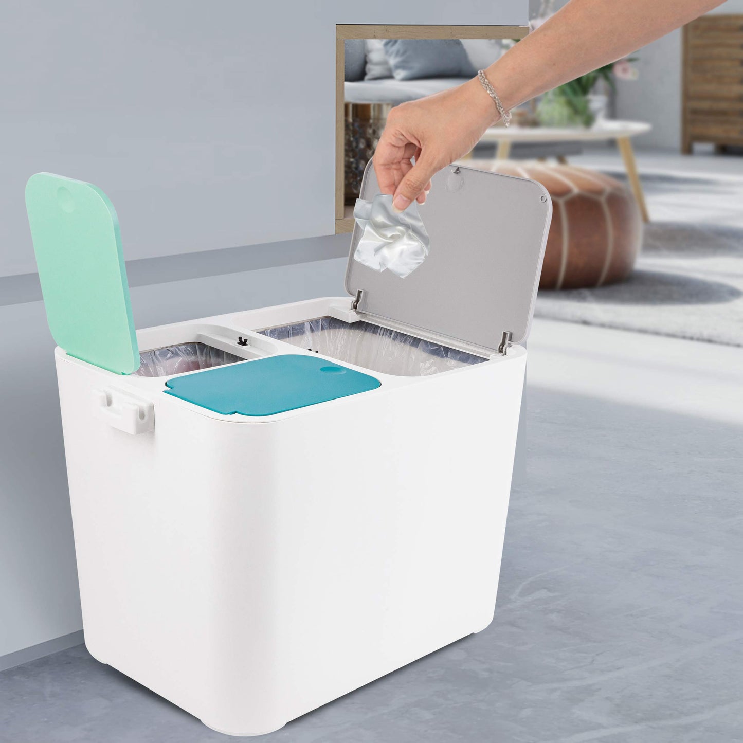 ONVAYA® Waste Separation System Tom | Waste separation with multiple compartments | Trash can in cream-white | Waste bin for kitchen & bathroom (36 liters, Gray-Mint-Petrol)
