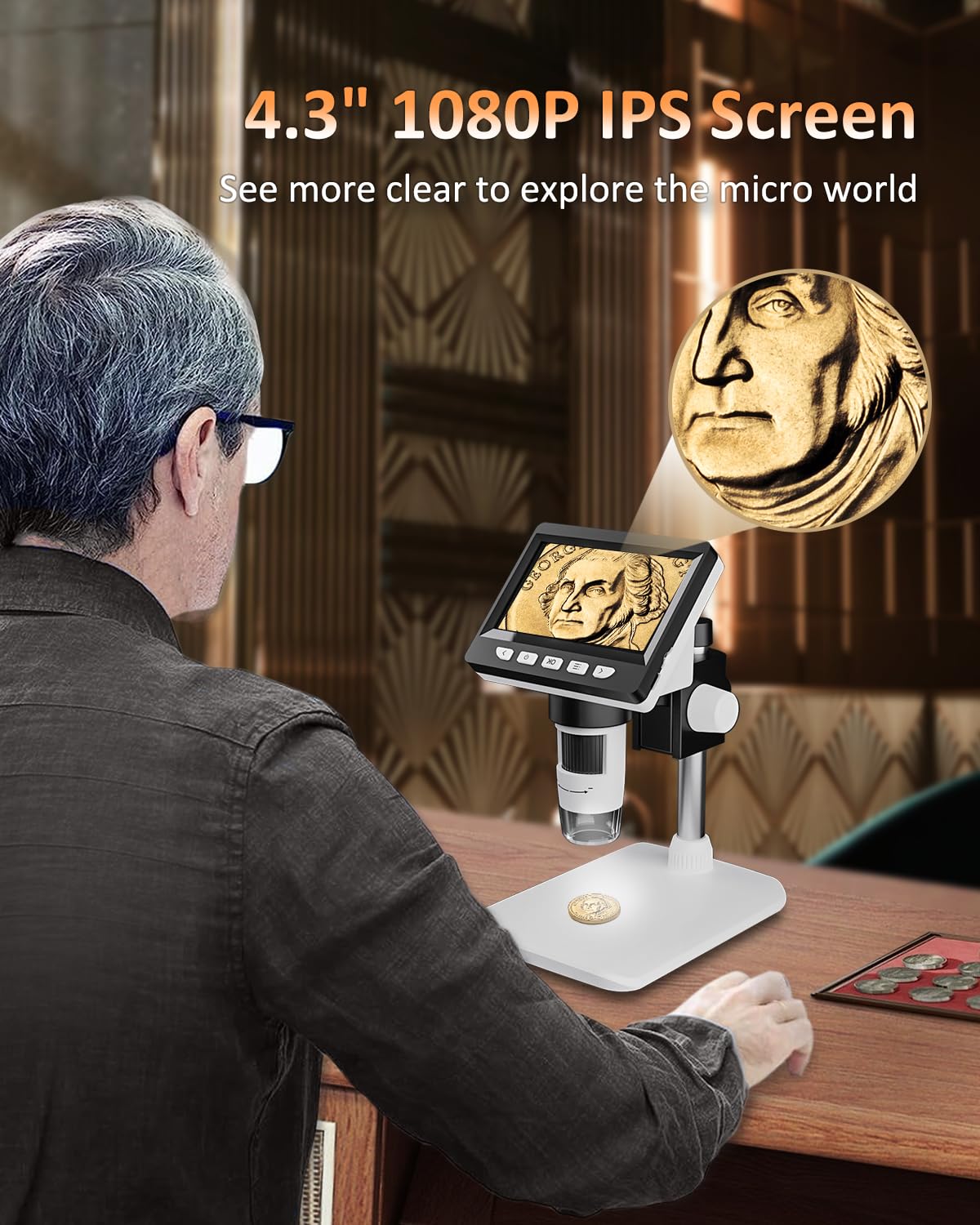 AOPICK Microscope for Phone, LCD Digital Microscope 50X-500X Resolution, 4.3-inch 1080P USB Microscope with 8 Adjustable LED Lights, PC View, for Adults/Kids, compatible with MacOS Windows