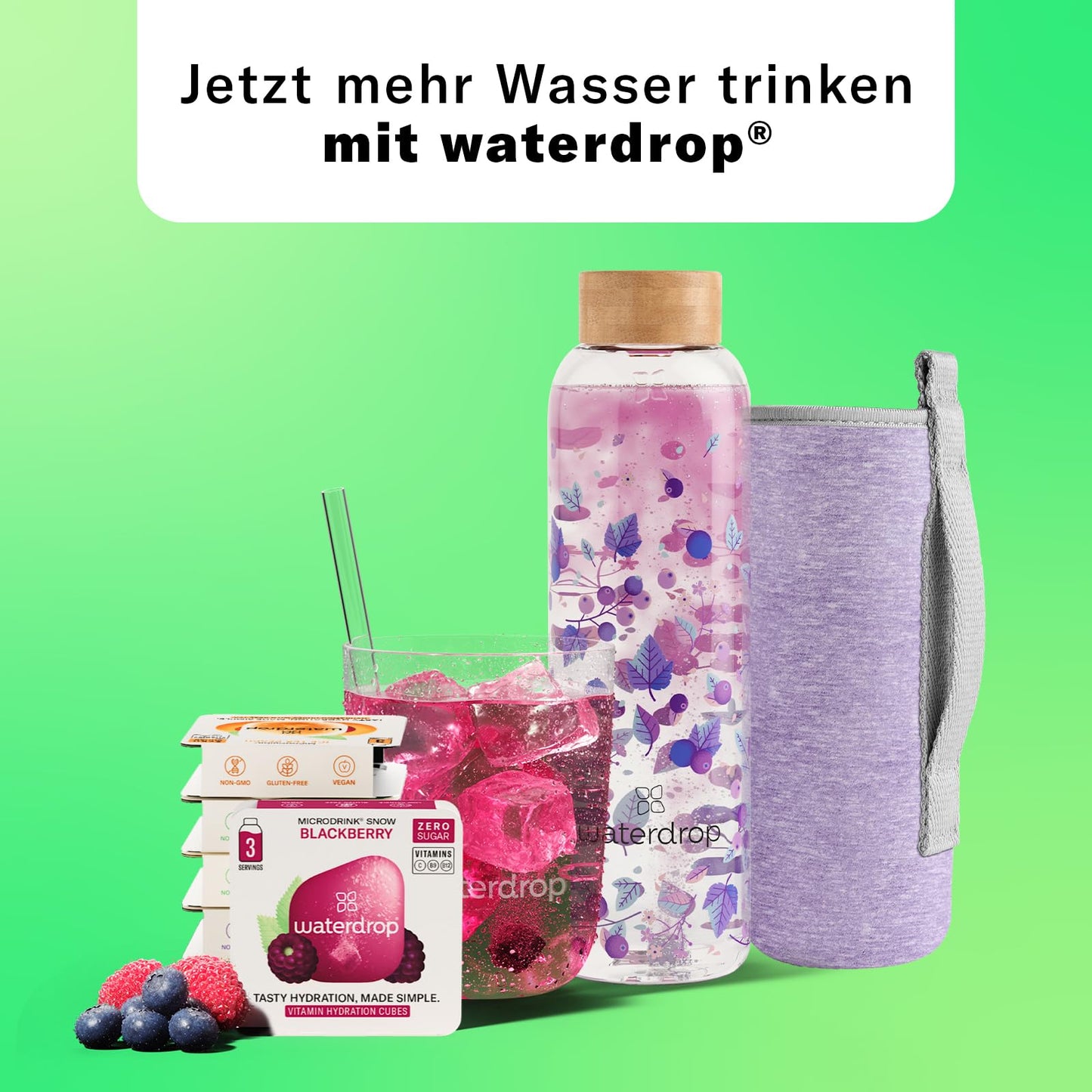 waterdrop® glass bottle 600ml incl. 18 sugar-free drops - gift for women - trial package with water bottle, flavor drops & vitamins - leak-proof bottle suitable for carbonation
