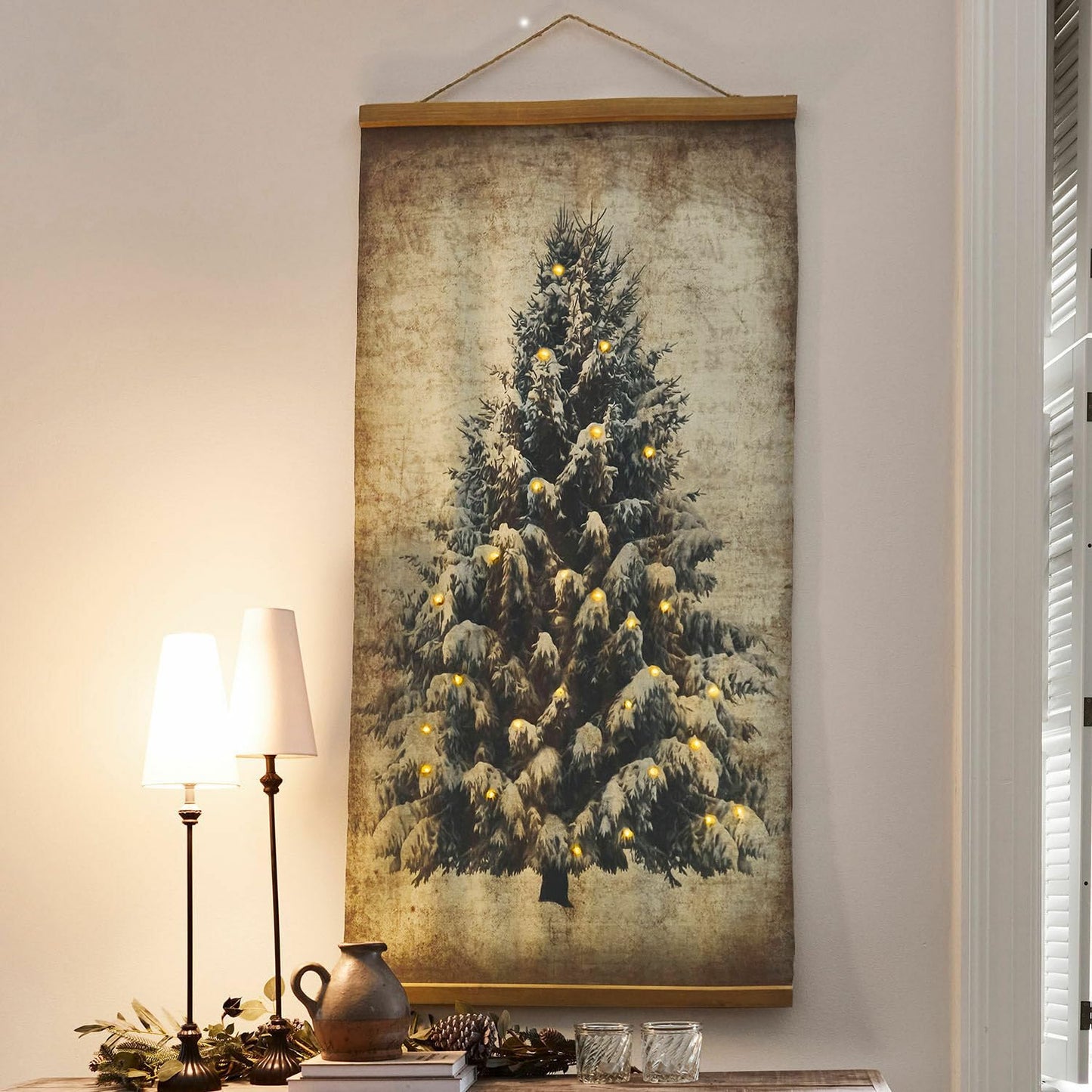 Loberon picture with LED lights, fir tree motif, antique finish, holiday decoration, Christmas decoration, cotton, fir wood, jute, beige/brown.