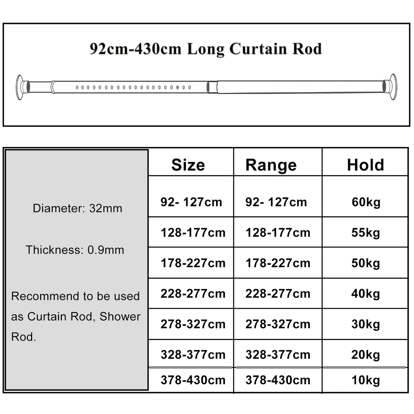 Telescopic Rod No Drilling, 378-430cm Extendable Stainless Steel Shower Curtain Rod for Large Windows/Shower Room (Gray, 378-430cm)