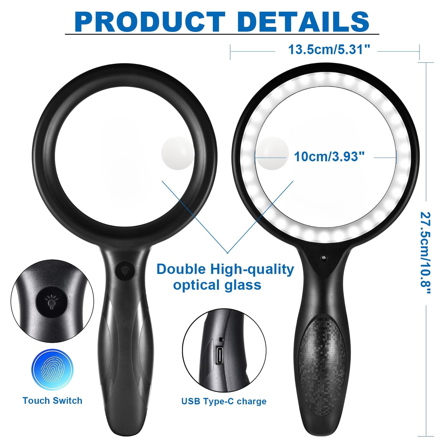 Magnifying Glass with Light, 60X 30X 33 LED Handheld Magnifier 30X Reading Magnifier with Light, USB Rechargeable Magnifier 3 Modes Reading Magnifier for Seniors, Kids, Jewelers, Hobbies