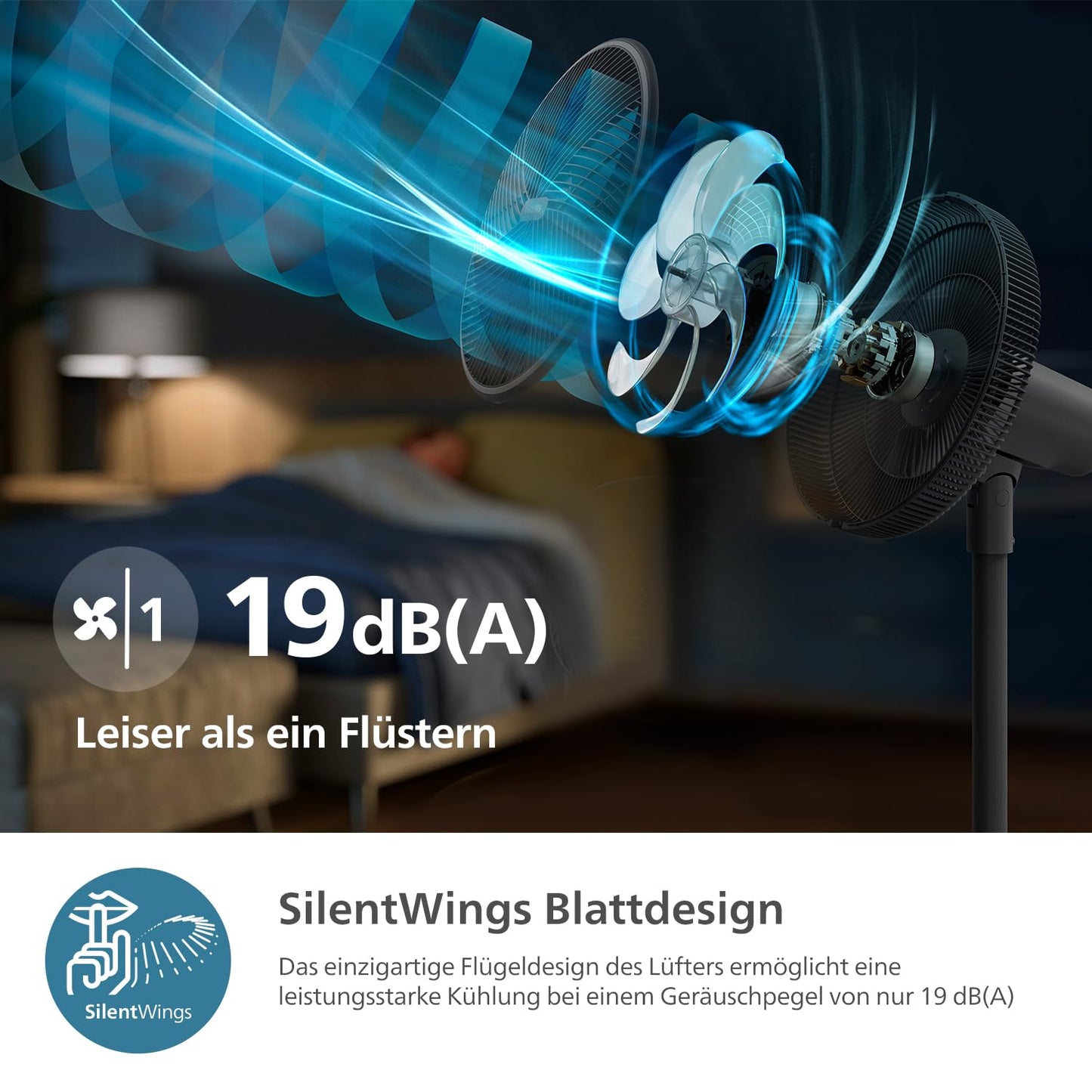 PHILIPS Smart Stand Fan Series 3000. Powerful & extremely quiet SilentWings technology. 19 dB. 2-in-1 table & stand fan. Adjustable tilt & oscillation. App control. 12-hour timer. Black (CX3550/01)