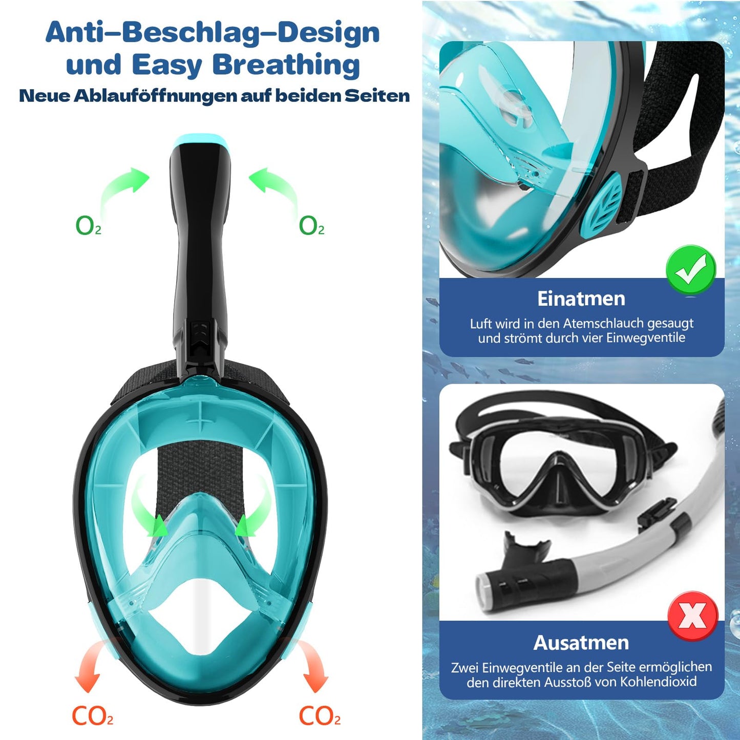 Full Face Snorkel Mask for Adults - CO2 Safe, Waterproof & Anti-Fog Dive Mask with Camera Mount - Diving Mask with Carry Bag & Earplugs (green, L-XL)