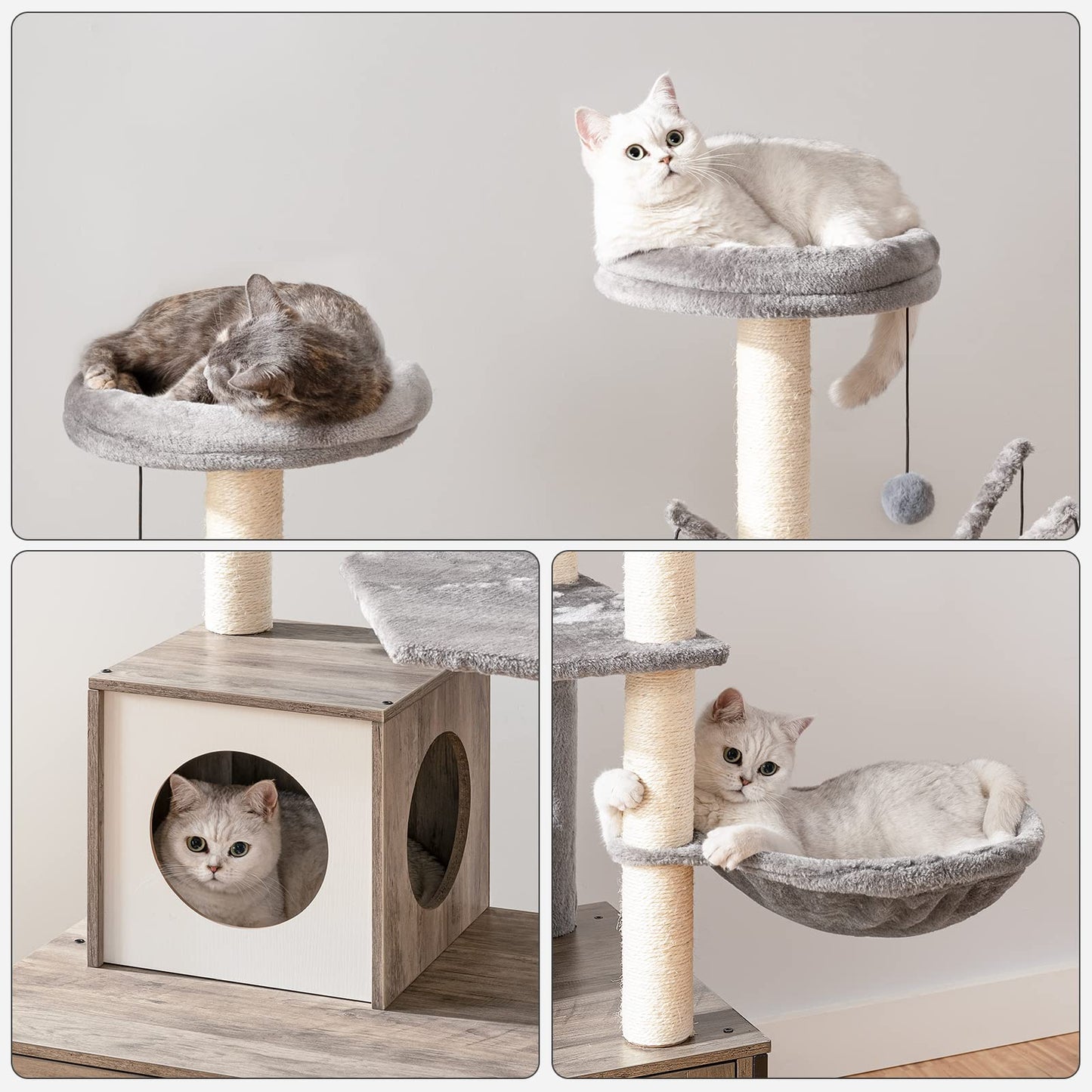 HOOBRO Cat Tree with litter box cabinet, cat tree tower, All-in-One cat furniture for indoors, hidden cat toilet furniture, 132 cm, detachable plush ball rods, Greige EBG14MZ03