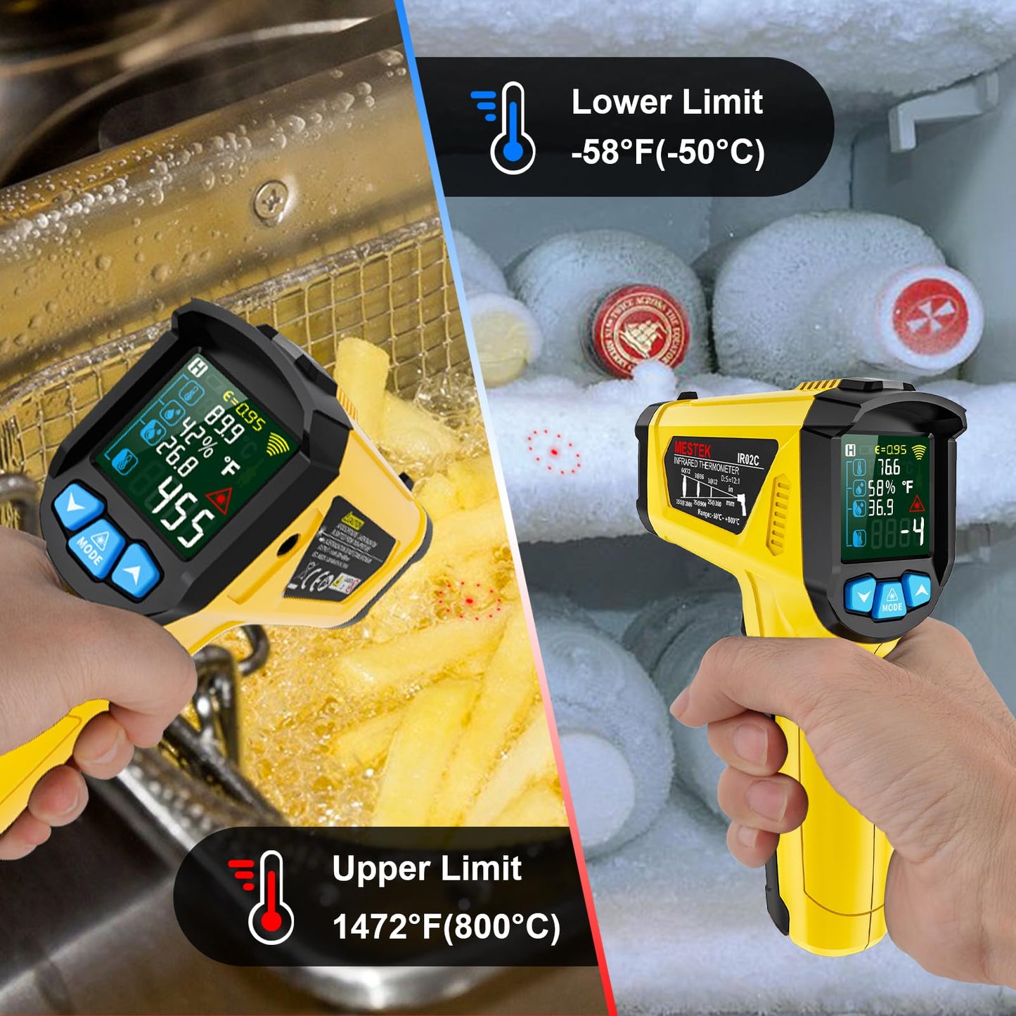 Infrared Thermometer Laser MESTEK Temperature Gauge with K Probe IR Pyrometer -50°C to 800°C Non-contact Color LCD Alarm Adjustable Emissivity for Kitchen.