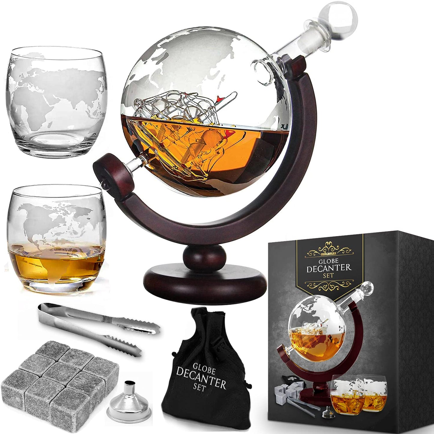 MikaMax Whiskey Decanter Globe Set - Whisky Globe Decanter Set, Including Whiskey Glasses and Whiskey Stones - Whiskey Gift Set, Gifts for Men