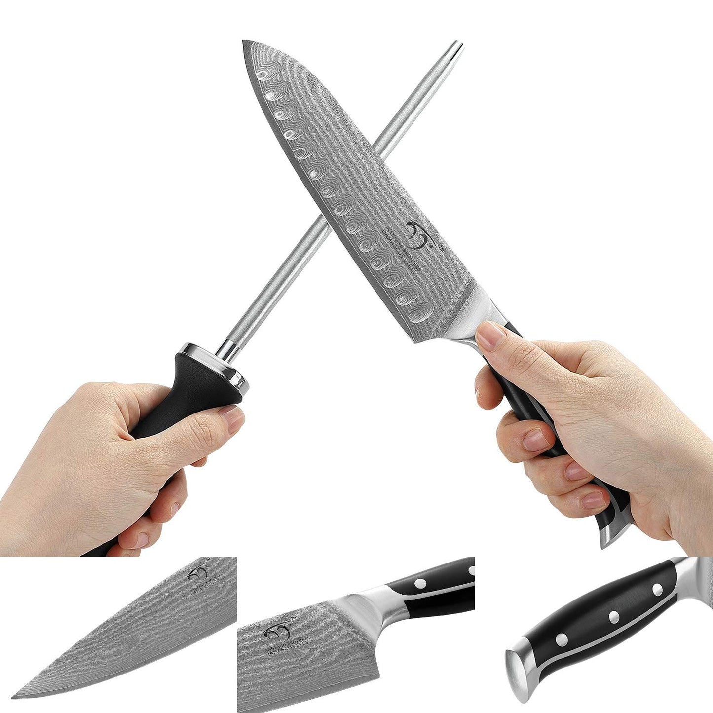 9-piece kitchen knife set sharpening for chef knife set with block, Damascus professional knife stainless steel steak knives with wooden handle kitchen knife sharpener and scissors by NanFang Brothers