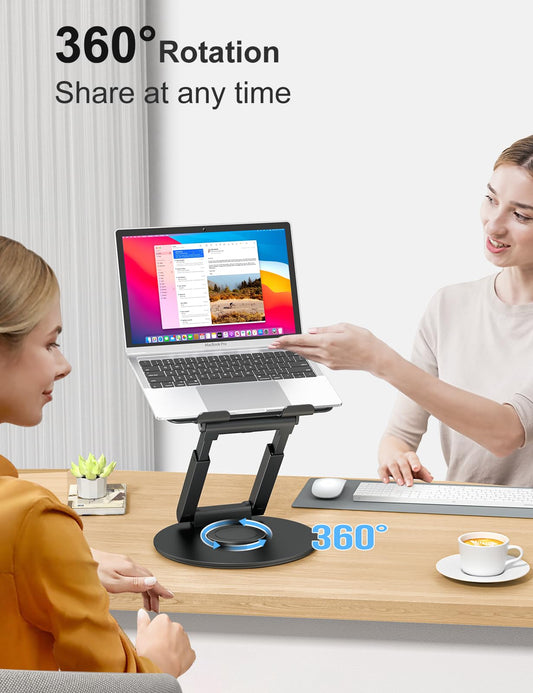 Adjustable height laptop stand with 360° swivel base, ergonomic design, ideal for standing desks. Compatible with MacBook Pro and laptops 10-17 inches. Black color.