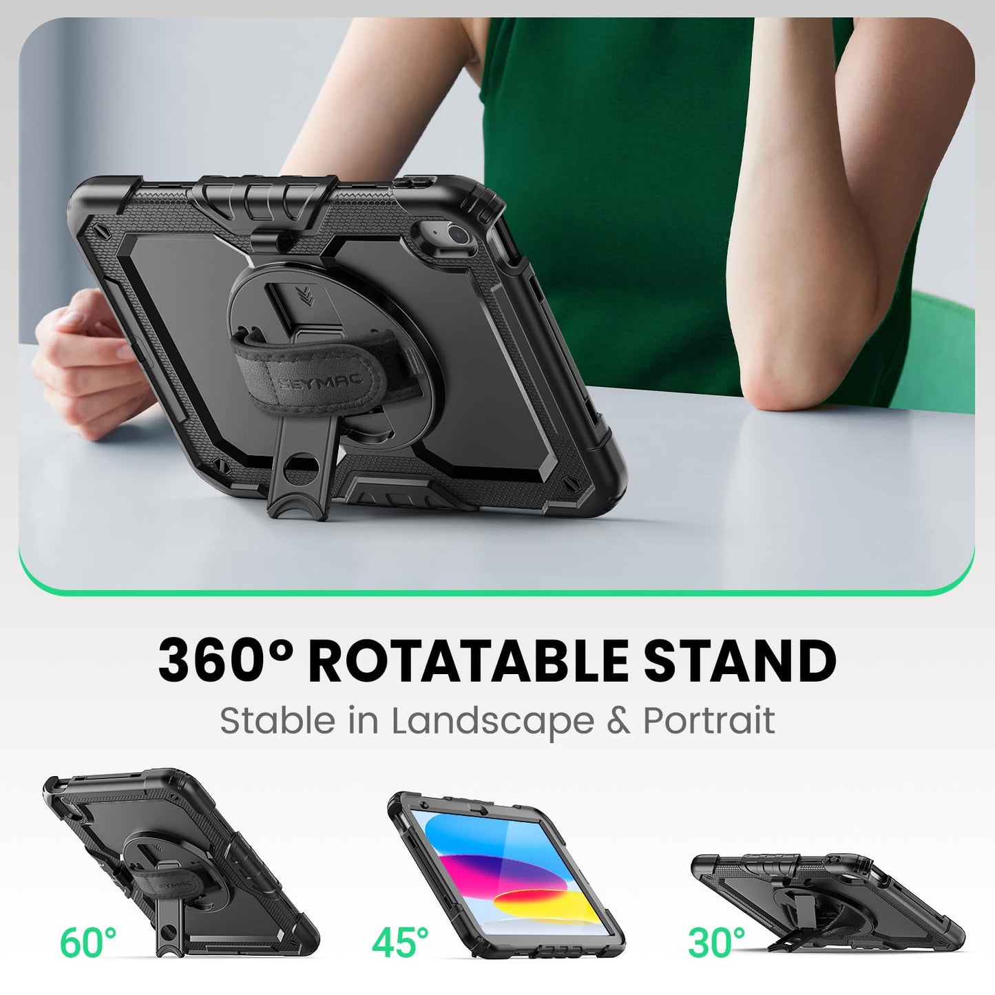 SEYMAC Case for iPad (A16) 11th/10th Generation 11/10.9 inch 2025/2022, Shockproof iPad 11th Generation Case with Screen Protector, 360° Rotatable Stand/Hand Strap, Shoulder Strap, Pencil Holder, Black