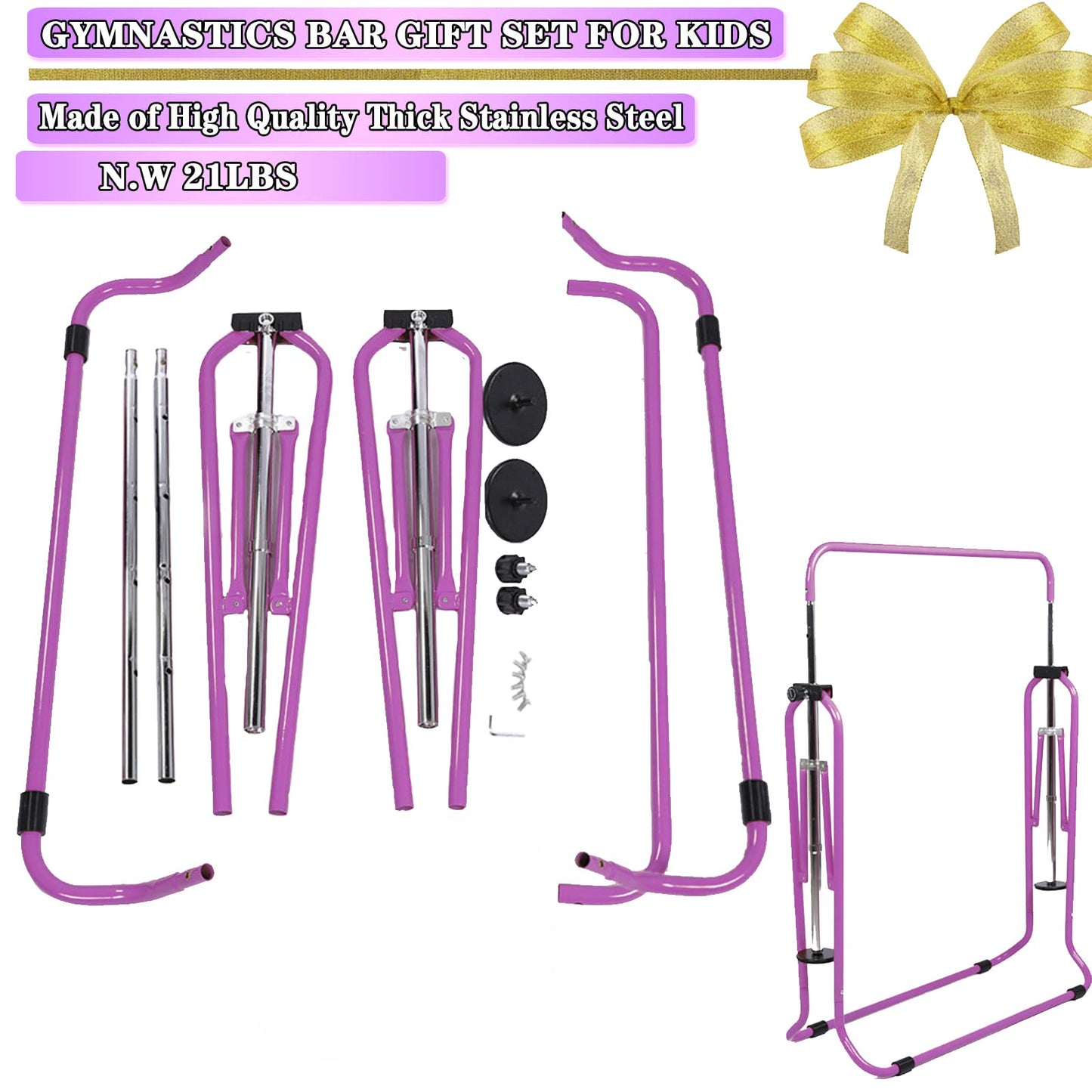FINGER TEN Kids Gymnastics Bar, Horizontal Kip Bar Foldable Gymnastics Training Equipment 4 Heights Adjustable Horizontal Bars, Gymnastics Bar for Indoor Outdoor Home (Purple)