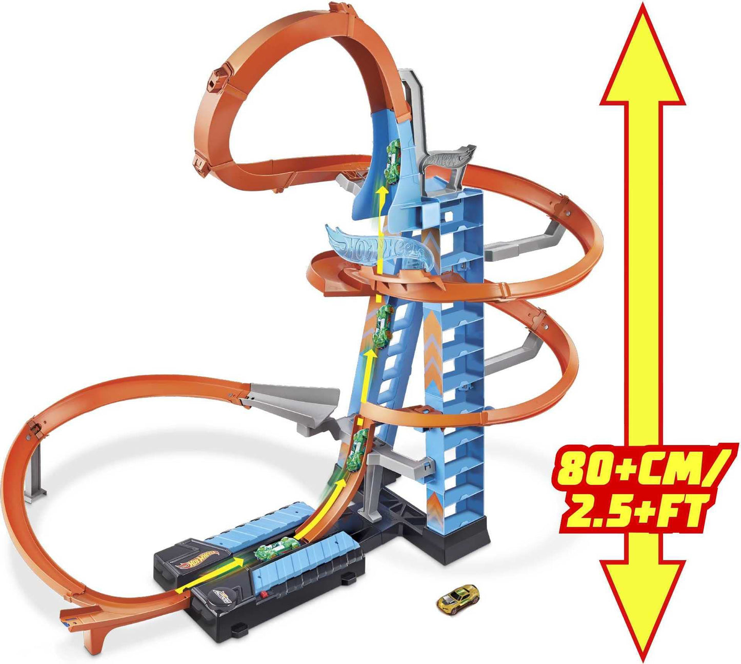 Hot Wheels Sky Crash Tower, 60cm tall with battery-powered booster and orange track with loop, gift for kids ages 5-10, variations in packaging may occur, GWT39.