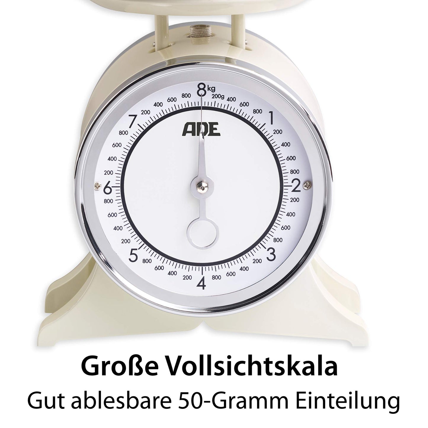 ADE Retro-style mechanical kitchen scale | precise display up to 8 kg | classic analog metal bowl scale | high-quality removable stainless steel bowl | cream white