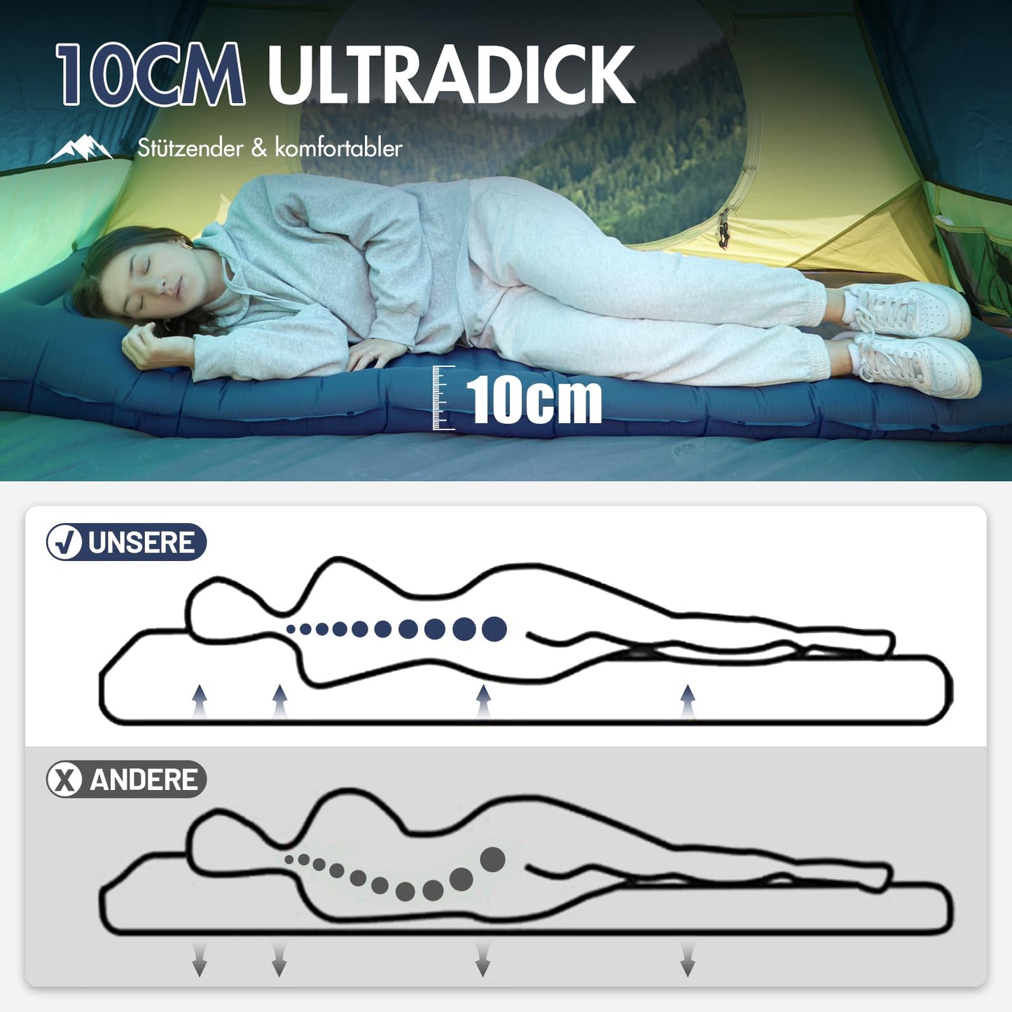 PORTAL Camping Self-Inflating Sleeping Pad 10cm Thick Air Mattress Ultra-light with Foot Pump 18cm Thick Pillow Inflatable Mattress Outdoor Foldable Sleeping Mat 200*74cm for Camping Hiking Travel