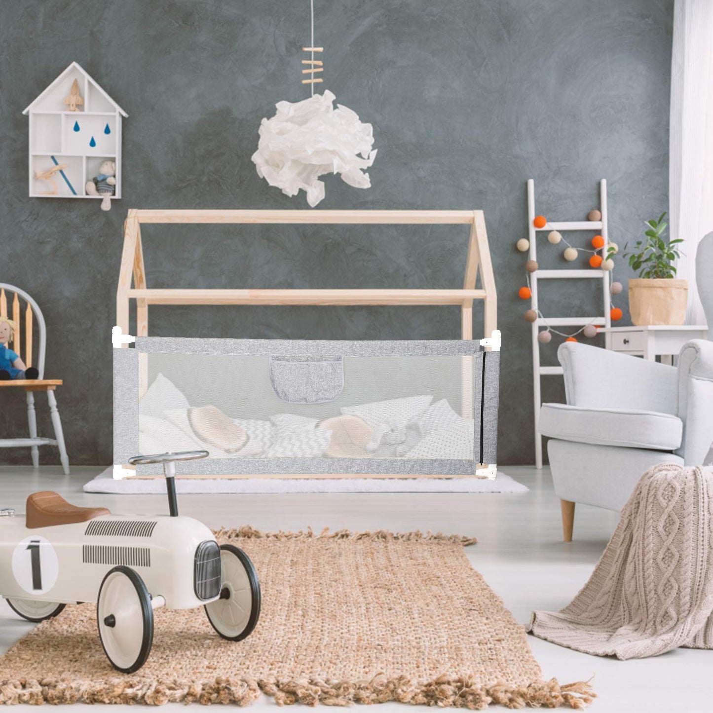 Owlke 200cm bed guard rail, bed rail for children, adjustable height from 80-96cm, guard rail for toddlers, baby bed rail, children's bed guard rail, fall protection for kids, gray.