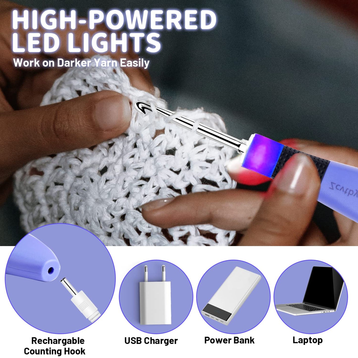 LED Crochet Hook Set, 12-in-1 rechargeable illuminated crochet hook set, with small screwdriver, travel zipper case (interchangeable crochet head sizes 2.0-8 mm)