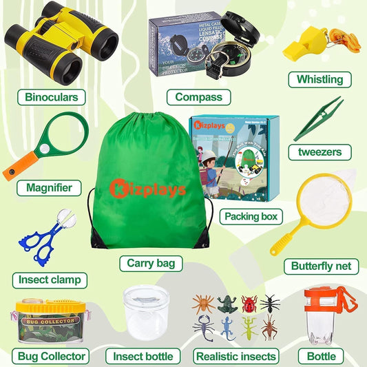 Kizplays® Kids Explorer Kit with Binoculars 22 Piece Set includes Bug Catcher, Compass, Magnifying Glasses, Microscope. Great camping, adventure gift for outdoor play. Ages 3-9.