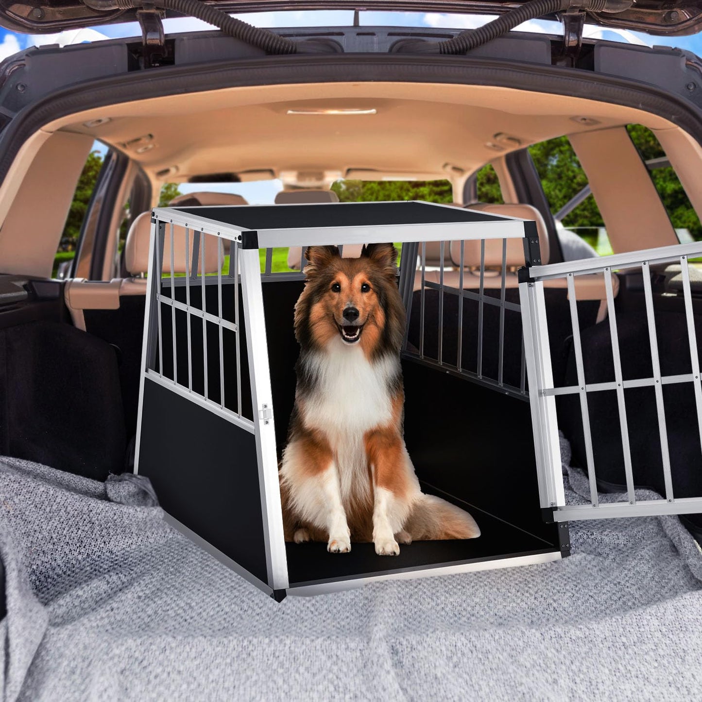 Juskys aluminum dog transport box L-X - 89x70x51 cm - car dog box sturdy & easy to clean - grid doors lockable - aluminum travel box for dogs