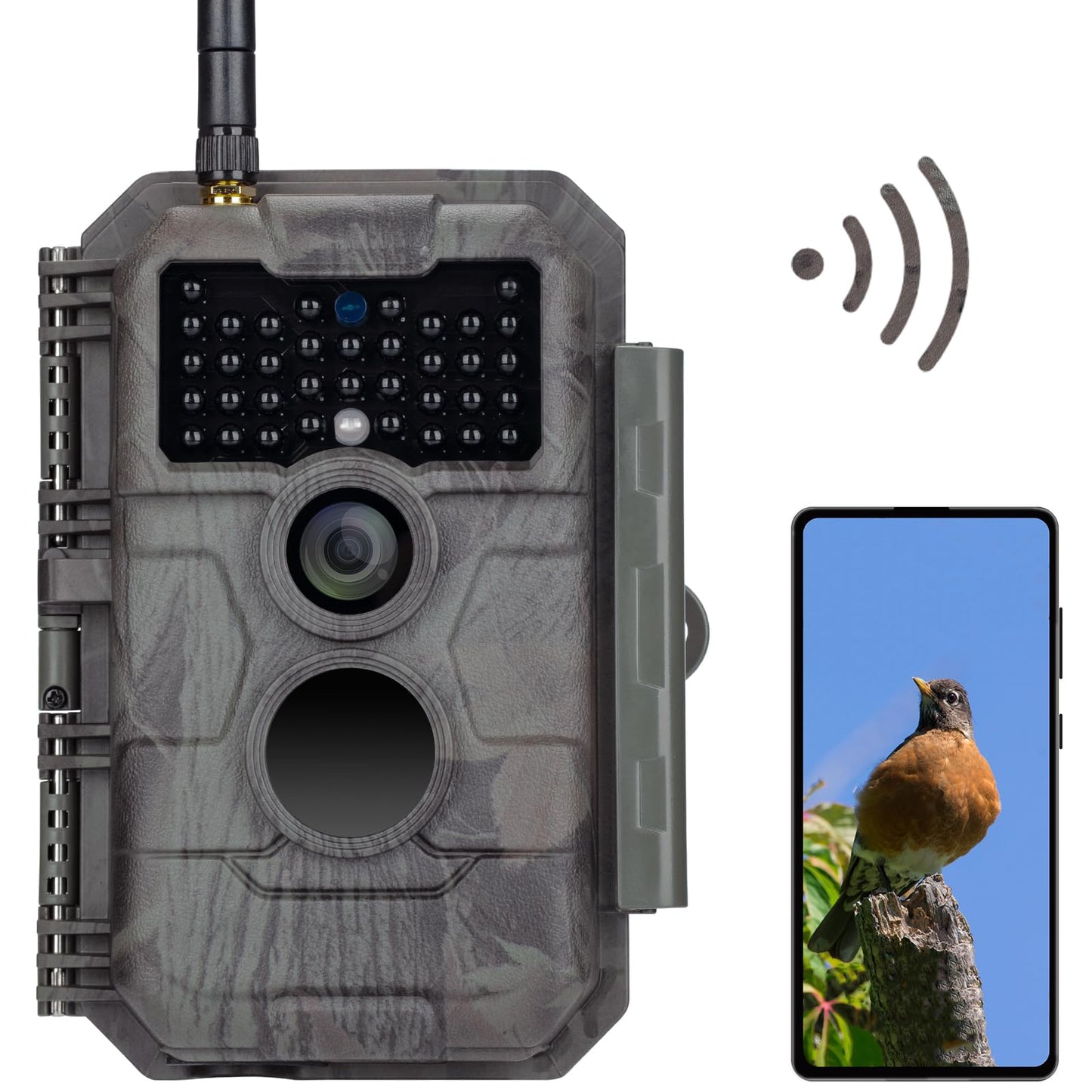 GardePro E6 trail camera with WiFi antenna, 48MP 1296P resolution, motion sensor, No Glow infrared 940nm LEDs, IP66 waterproof, H.264 video, 110° wide angle view, and WiFi mobile data transfer.